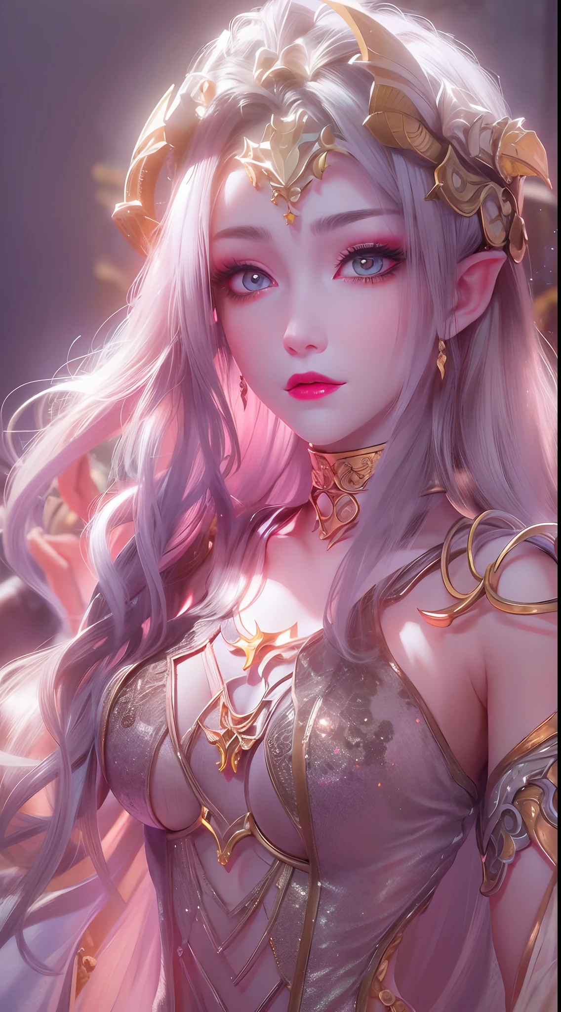 1 20 year old girl, 1 goddess Athena, pink purple silk dress, beautiful goddess Athena face without blemishes, delicate yellow nightgown, long thin sequin nightgown with many sexy black lace details, 1 beautiful thin red silk cloth half veil, female saint legend, female saint icon, beautiful goddess style glitter, dark and mysterious version, vermilion lips, plump red lips, not smiling, mouth closed, delicate and beautiful pino detailing, delicate and beautiful lip detail, (pure and flawless face: 1.9), female saint body, round chest, big and round breasts, phoenix brooch, long flat bangs, long black hair, beautiful clear face and well-proportioned eyes, (transparent iridescent light purple eyes: 1.8), (big round eyes and makeup, sexy wet eye makeup, very beautiful and meticulous hair makeup, long and delicate blonde hair, delicate, body image: 1.8), figure: and vivid, (stars that make up the sky: 1.7), (the sky of heaven and the fictitious gate of time and space: 1.8), fictional art, RAW photos, hanfu photos, best photos, high resolution, best quality, best photos, best goddess quality, 8k female, super 8 single saint portraits, truest color schemes, masterpieces, best beauty brands, best hair jewelry, brand real photo, dark studio, border light, two-tone lighting, (rose white skin: 1.4), (high skin detail: 1.1), 8k uhd, d slr, soft light, 8k, high quality, candid, volume Smooth and sharp, 10x pixel increase, sexy goddess, sexy goddess, (background space: 1.8), (most beautiful aurora eyes: 1.7), beautiful eyes, aurora beautiful and flowery, (beautiful single girl: 1.8), (more details:0.8)