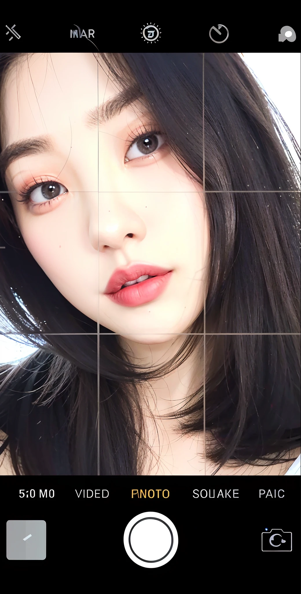 Close-up of a woman holding red lipstick and a camera, ulzzangs, faint red lips, 8k selfie photograph, with very thin lips, light-red lips, Korean symmetrical face, lips slightly parted, pale thin lips, The lips are wide and parted, blur effect face, small lips pointy nose, Korean face features, Red lips