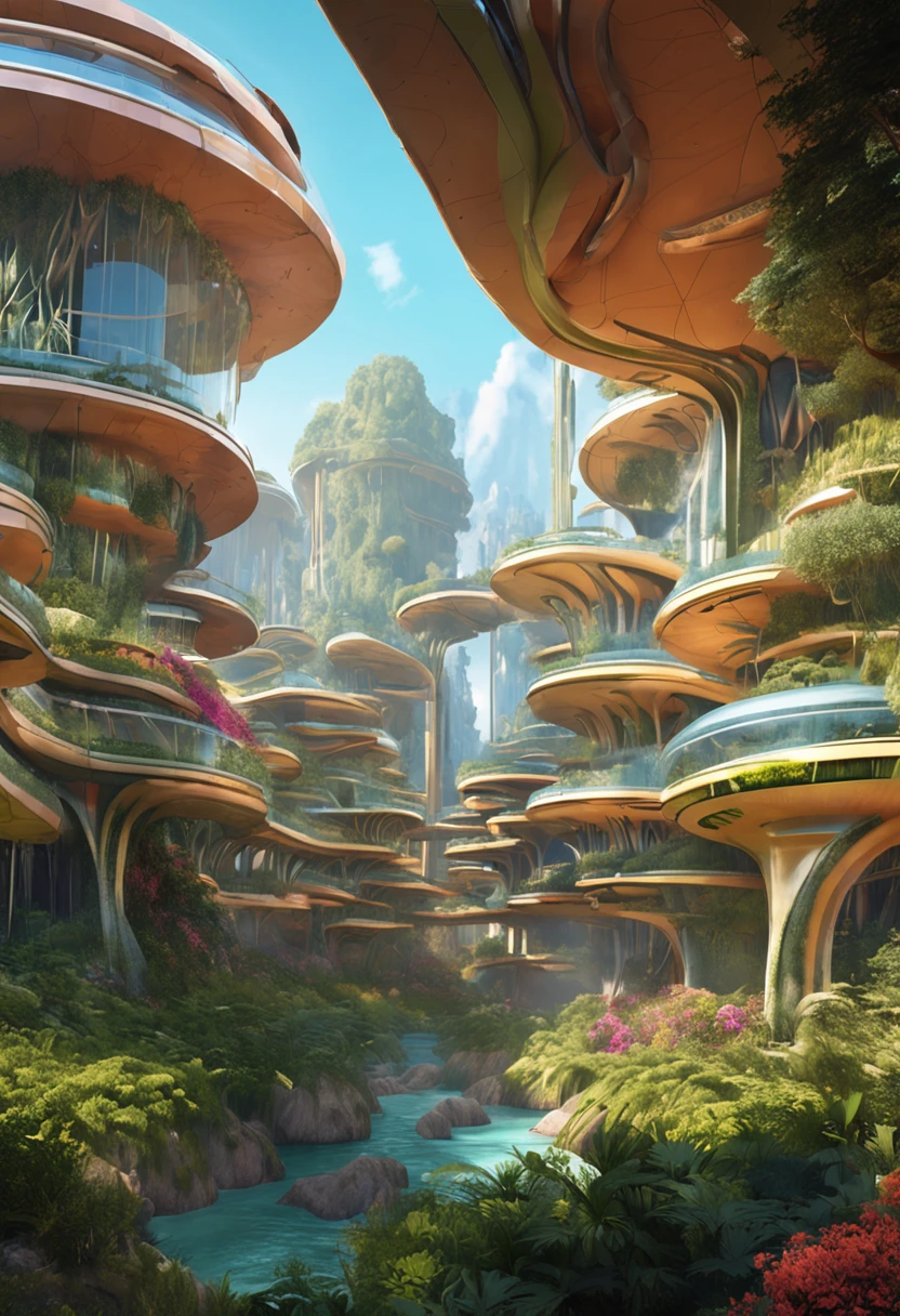 multicolor, surreal, masterpiece, countryside, Futuristic design of an awesome sunny day environment concept art on a futuristic forest terrain with huge waterfalls, streams, orchids, landscaped, aesthetics, nature architecture, proportional, detailed, blueprint, bright clouds, nature meets futuristic architecture by Santiago Calatrava and Vincent Callebaut with Wes Anderson village, residential area, futuristic development, high rise made up staircases, balconies, full of composite glass facades, residential spaces carved from cliff side ,trending on artstation, beautiful lighting,In the style of Andreas Achenbach and Norman Ackroyd masterpiece, fantasy, intricate, award winning, 4k, highest quality