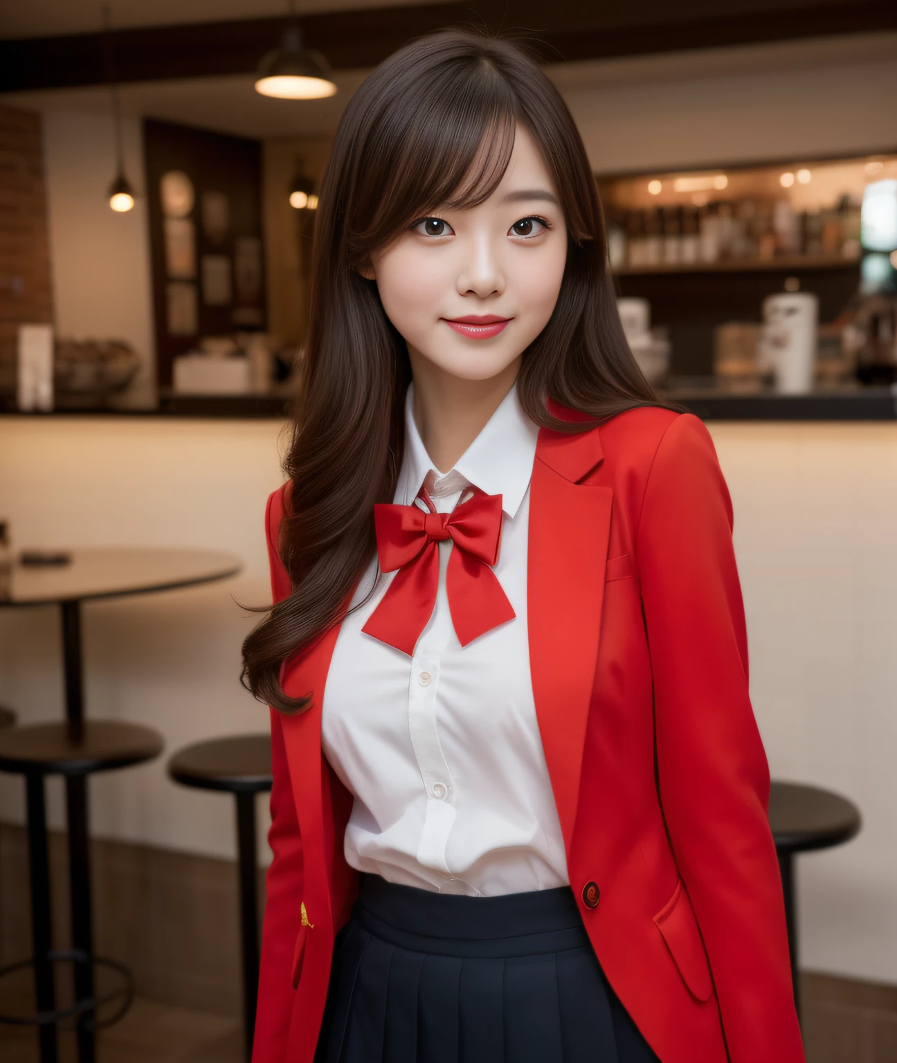 ((Best Quality, 8K, Masterpiece: 1.3)), a beauti, In addition, melon face, Friendly and cute, sweet smile, Pure desire, Slender body, (s whole body), (tilted head), ((looking at camera)), round black big eyes, clear big eyes, moist red lips, Cafe shop background, ((full body shooting)), (Yellow Blazer, bows, Sneakers, Red Stockings, High School Uniform: 1.2, ), (Big breasts), (full body shots), (bobbed hair)