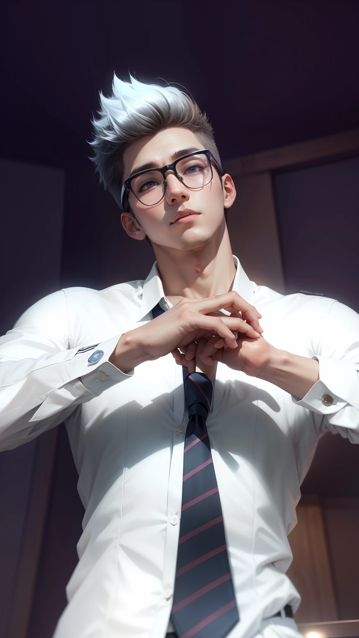 Anime, 1boy, 8k quality, Korea, (photorealistic) wear a tie, Wear round glasses,Handsome