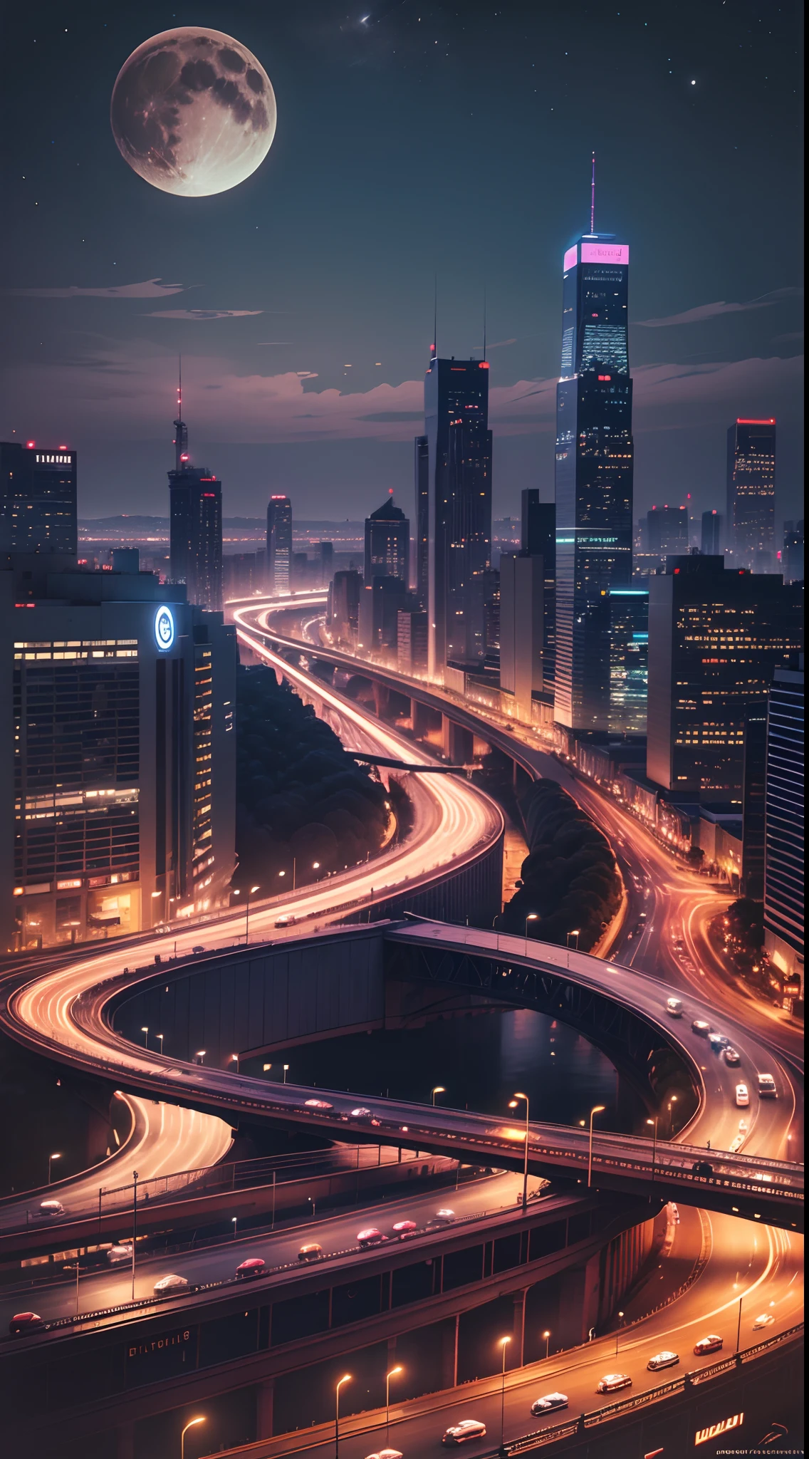 city night scene，Bustling，optic，shadowy，Award-Awarded，themoon，Ultimate beauty，8K，Wallpapers，neonlight，Traffic