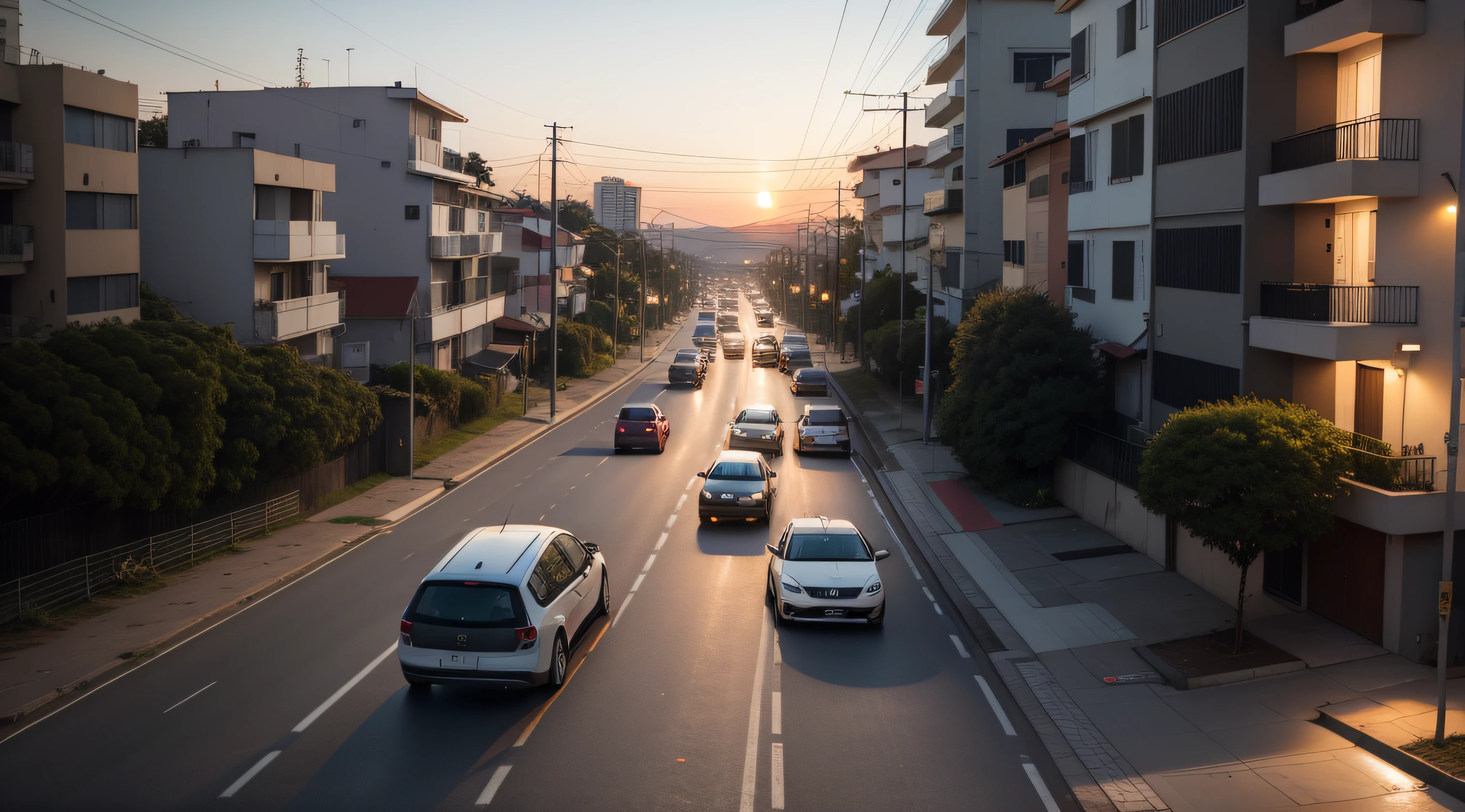 ao fim do dia, por do sol na cidade o homem jovem volta para casa por uma rua com muito movimento de pessoas carros e motas, 8k, Hiper realista, alta resolução, alto detalhe