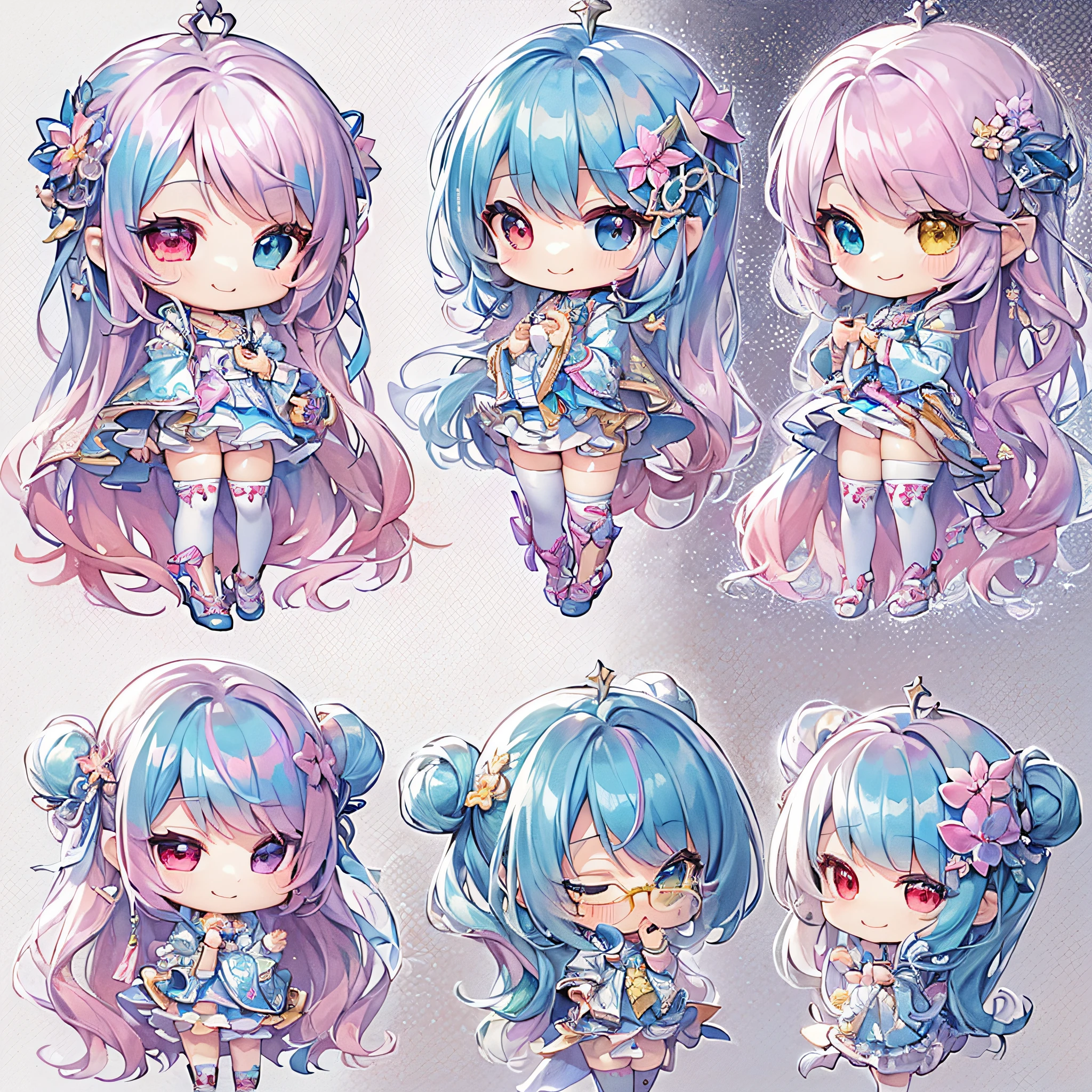 (Chibi:1.5)((masutepiece, of the highest quality, Watercolor art (Pendants), Beautiful and aesthetic: 1.2)), (Golden ratio: 1.2), (Full body: 1.2), (Super Detail: 1.3), (1 girl in: 1.3), (Fractal Art: 1.3), (Glitter Pupil)),(eye glass:1.5) ,(Iridescent hair, Colorful hair, Half light blue and half pink hair: 1.2)),  (Heterochromia), (Colorful: 1.5), (((Shy face)),  (full body Esbian), (Hyper-detailing), ((delicate detail)), (intricate-detail), ((Cinematic Light, Highest quality backlight)), High contrast, ((The best lighting, Very delicate and beautiful)), (( Cinematic Light)), (ray trace reflection, Glow), (((glowing aura)), ((Glowing hair)), ((Super Detail)), (8K)), ((a closeup)),  ((Seductive smile)) ,((FULL BODYSHOT))、(Chibi:1.5)