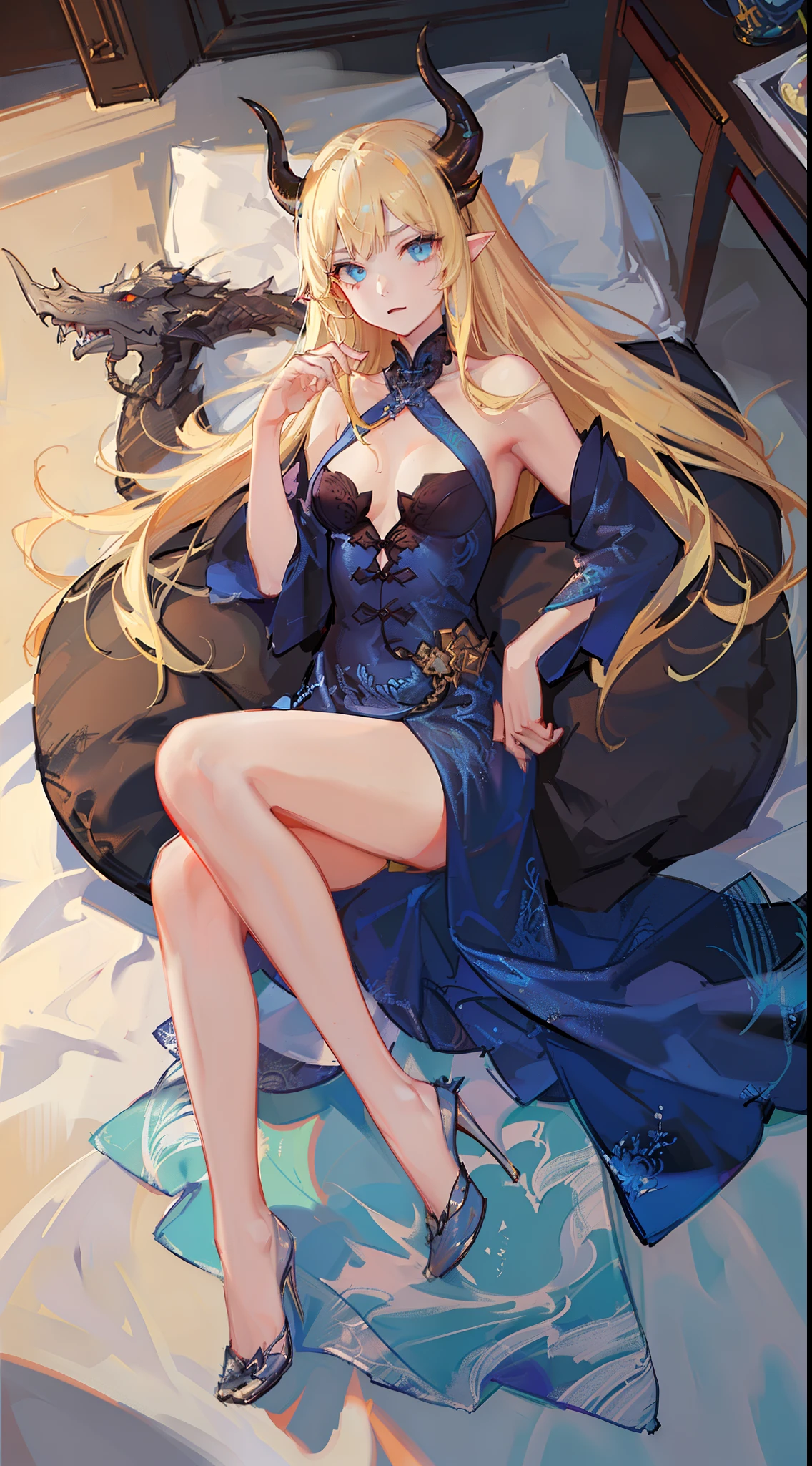 young girl, longue blonde hair, dragon horns, Cyan eyes, tight blue chinese dress, neckline on the chest, grudge, little chest, Masterpiece, hiquality