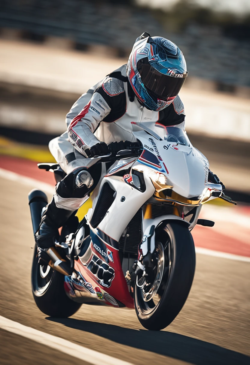 The highest image quality、Exceptional detail、超A high resolution、(Realstic:1.4)、high-detail、Favor the details、Highly condensed 1girl、Longhaire、delicate and beautiful face、Dressed in a white leather racing suit、Racing on a black motorcycle、The background is a race track、circuit、racer、Cool smile