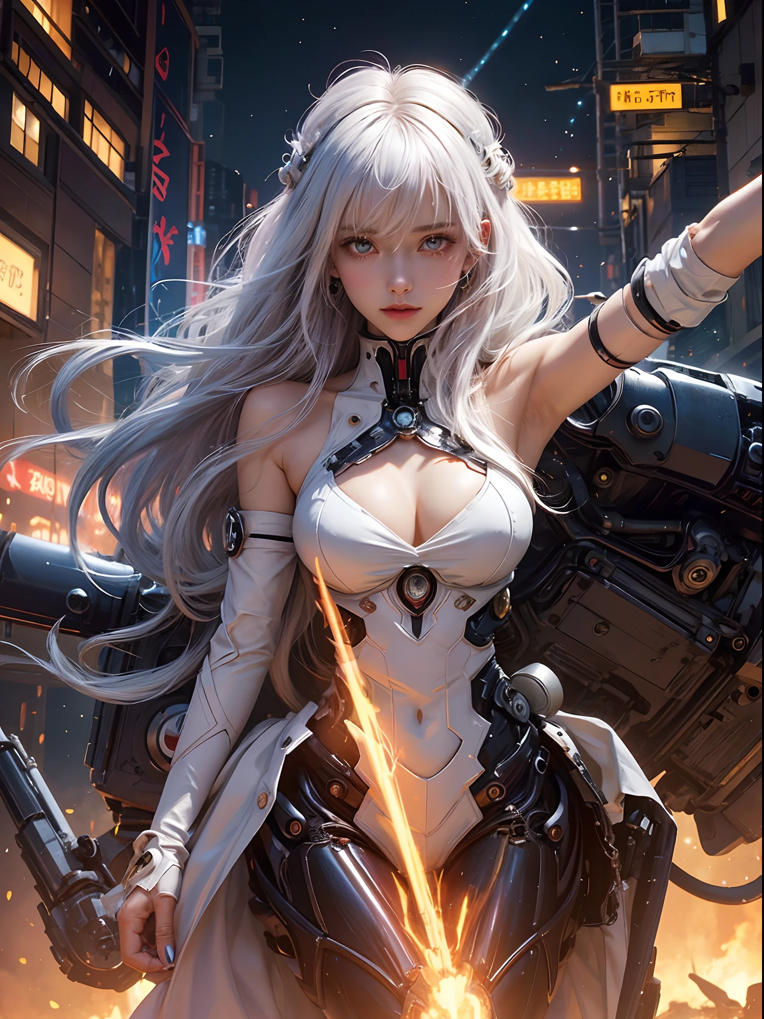 white hair、long fluttering hair、strong breeze、Orange Eyes、radiant eyes、Evangelion Girl、small tit、Breasts are small and B size、The face and chest are alive、Cleavage is visible。photoRealstic、portfolio、Evangelion-style metal mecha suit、an oppai cyberpunk、Gothloli details、metalic、detailed mechanical components、Bundle of thin tubes、Metal cylinder、Detailed neon、Fine LED、Fine parts、Background Machine City、