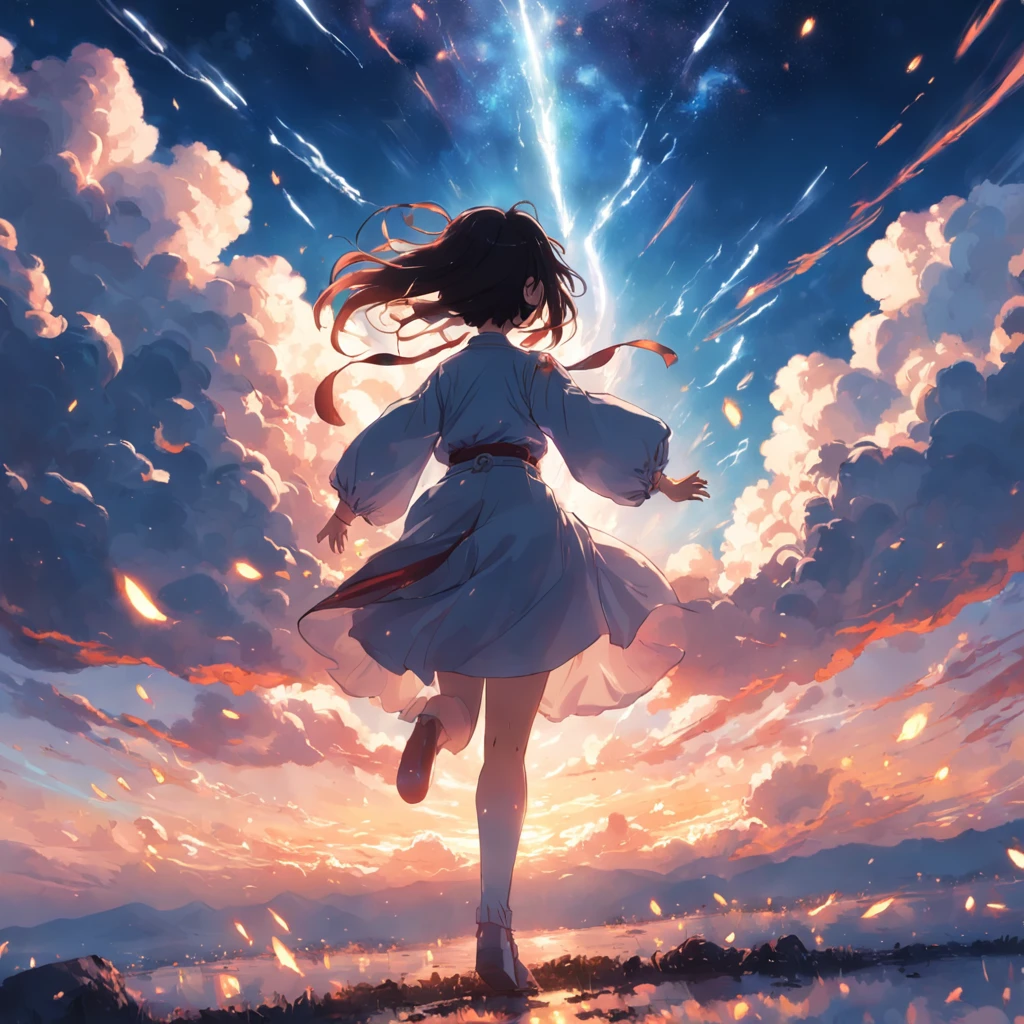 tmasterpiece！Best Picture Quality！cinematic Film still from！Cloud girl floating in the sky，Close-up Shot Shot，Bright and happy，Enjoy the warm soft lighting，Depict the beauty of the sunset，And the embellishment of sparks（spark of light:0.7）。