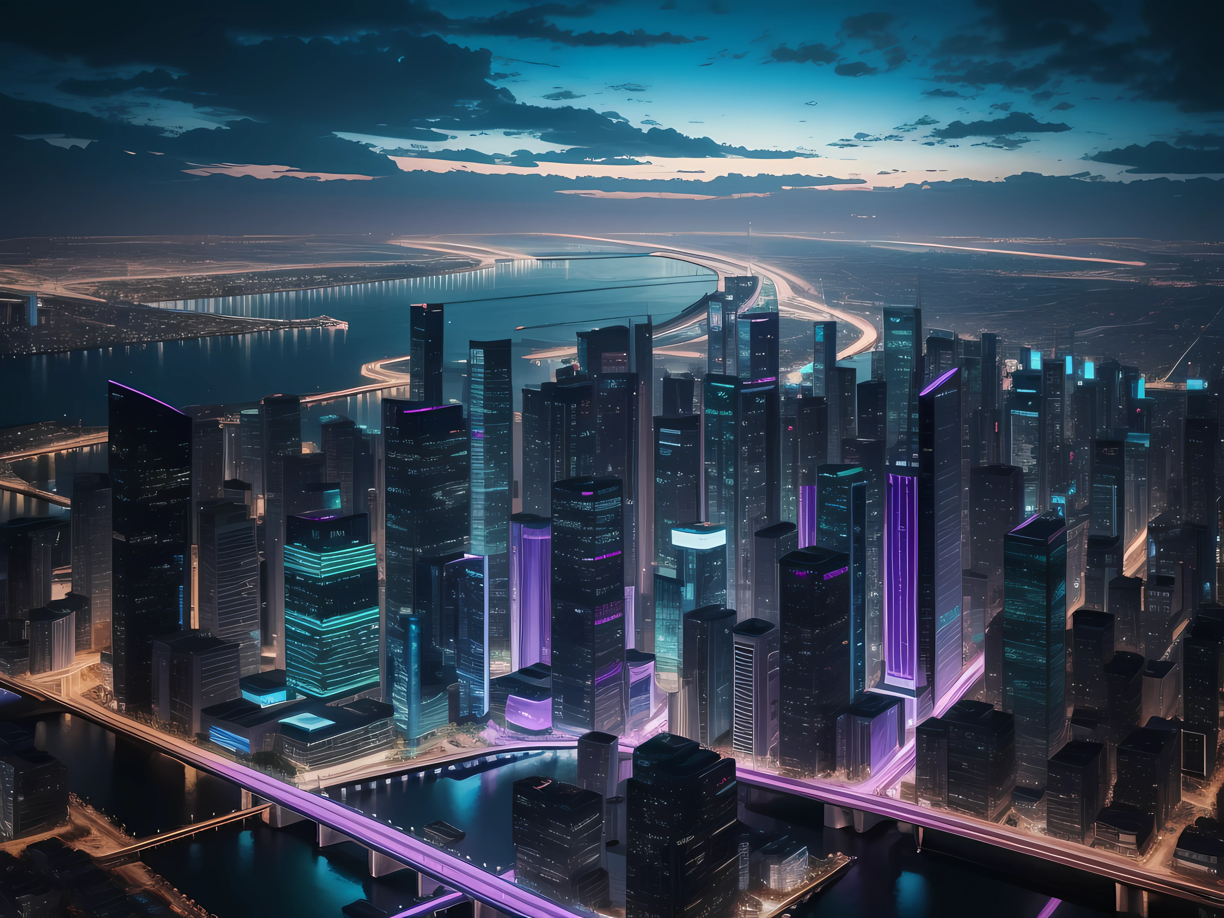 Images of a modern and technological city, con personas interactuando con dispositivos inteligentes. Hiperrealista, 8 K, en tonos azules, anaranjados, verdes, violetas.