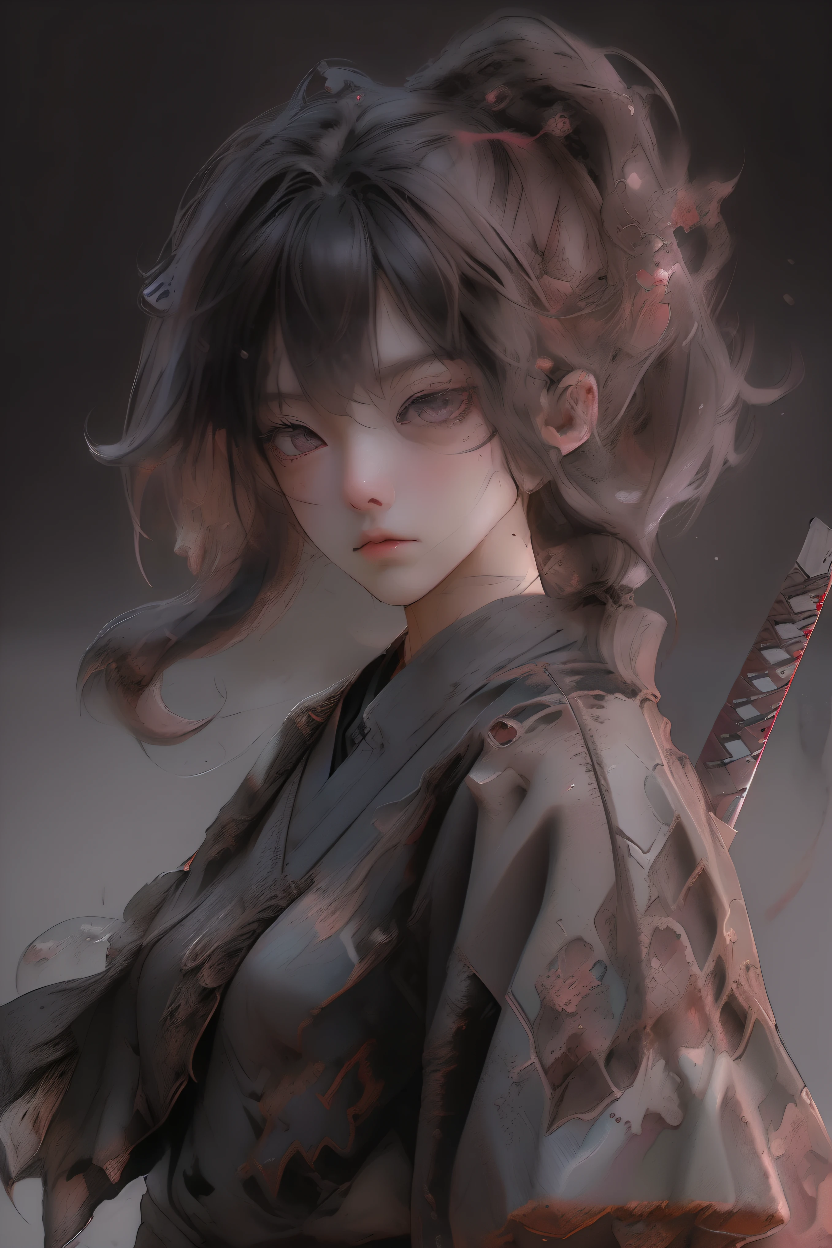 Best quality, masterpiece, ultra high resolution, anime style, illustration of intense action scene, cute Japanese high school girl with long black hair wielding katana sword, fighting against monsters, debris flying through air, dramatic lighting, high contrast composition, dynamic low angle, extremely detailed background, 8k, ng_deepnegative_v1_75t, badhandv4, (worst quality:2), (low quality:2), (normal quality:2), lowres, ((monochrome)), ((grayscale)), watermark, nsfw