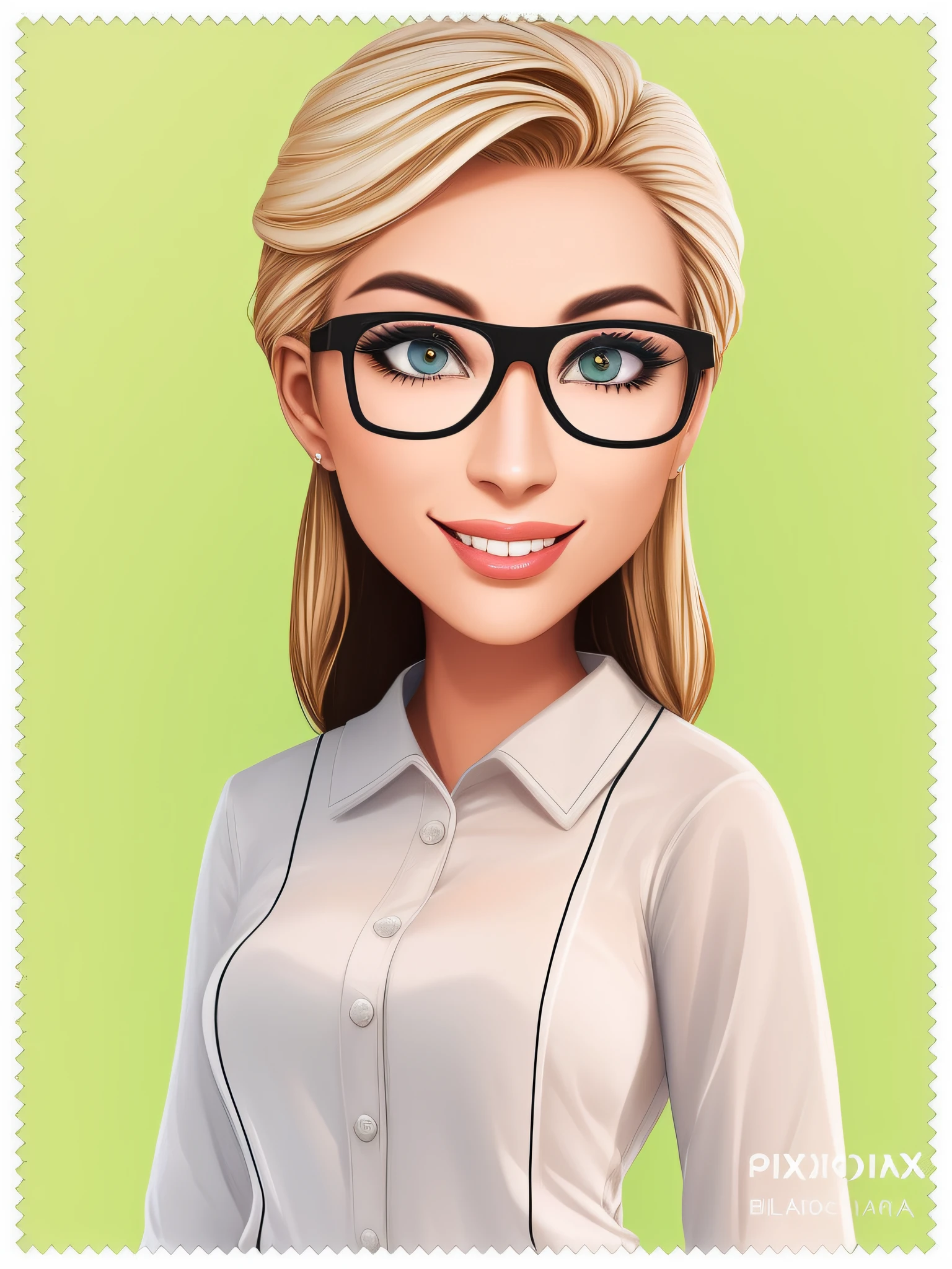 (pixae), a woman standing, sorridente, waving at the camera, blonde hair, olhos negros, blusa branca, black skirt, Dia ensolarado em um parque,
