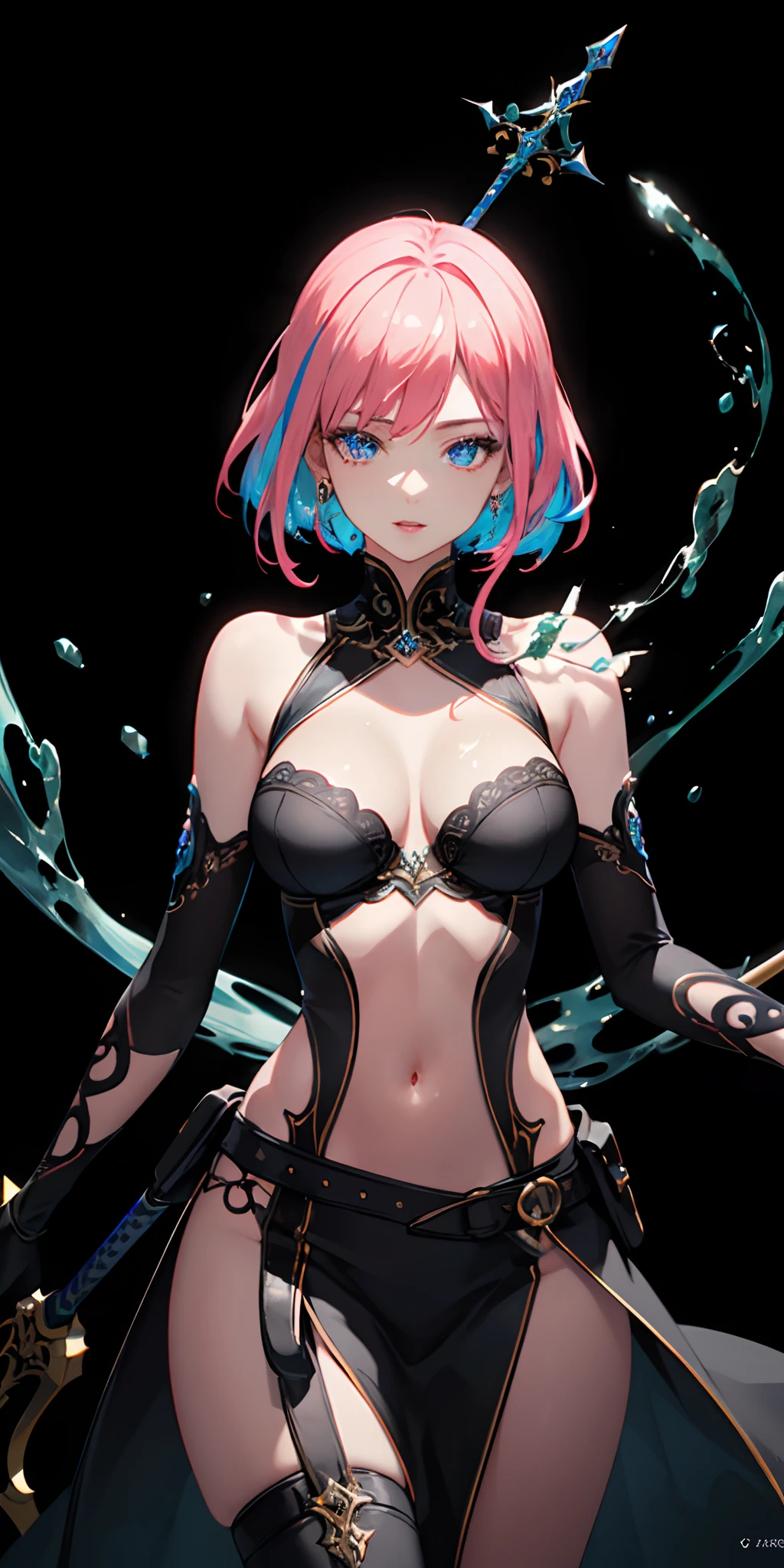 masterpiece, best quality, (extremely detailed CG unity 8k wallpaper, masterpiece, best quality, ultra-detailed, best shadow), (detailed background), (beautiful detailed face, beautiful detailed eyes), High contrast, (best illumination, an extremely delicate and beautiful),1girl,((colourful paint splashes on transparent background, dulux,)), ((caustic)), dynamic angle,beautiful detailed glow,full body, cowboy shot, colorful, 1girl, anime, cute girl, rogue, blank background, white background, fantasy, very detailed dark leather fantasy outfit with highlights, beautiful face, beautiful eyes, dark colors, assassin, medium breasts, slight cleavage, beautiful skin, cute, pink hair, breast curtains, extremely delicate and beautiful, (beautiful detailed face:1.0), (detailed deep eyes), symmetrical breasts, deep eyes, steam, shiny skin, portrait, slender waist, hips wider than shoulders, thighs, glow, light particles, wallpaper, chromatic aberration, (detailed background,dark fantasy), (beautiful detailed face), high contrast, (best illumination, an extremely delicate and beautiful), ((cinematic light)), colorful, hyper detail, dramatic light, intricate details, depth of field, black light particles,(broken glass),magic circle, dual wielding, sword, holding sword, blue flames, glow, glowing weapon