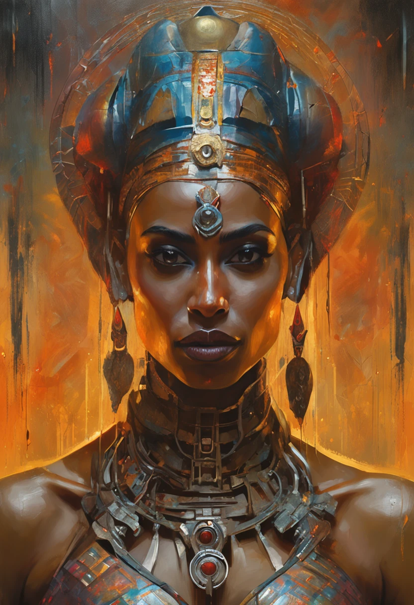 futuristic indigenous futurism,actress priyanka chopra as An advanced cybernetic cyborg indian Hindu goddesses of war, sensuality,artistic details,cyberpunk hindu mythology,epic sci-fi fantasy, centered,in the style of Nick Alm fantastical futuristic fantasy compositions, dark prism, dark, metallic compositions, symmetrical arrangements, iridescent metallic colors , distinctive noses, ethereal,blood splatter colorful, eye-catching metallic compositions, symmetrical geometry, distinctive noses, gothic references, with a bold lines and streaks of black,white,red, gold and silver, fantasy sci-fi art, a detailed painting, ,Alex Alemany merge Karol Bak