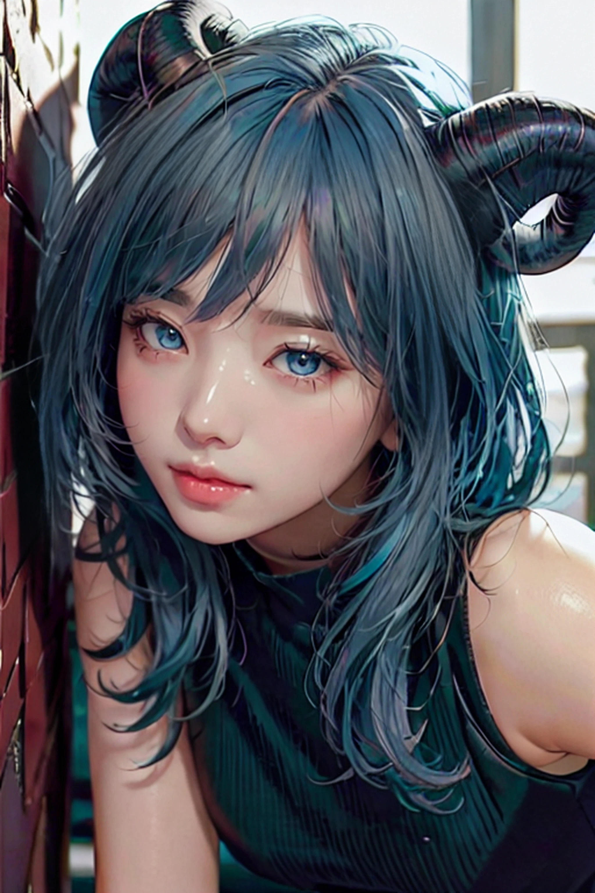 best quality, upper body,intricate details, chromatic aberration,1girl,bangs,blue hair,(goat horns:1.2),ganyu,qipaoganyu,sleeveless,hair between eyes,(looking at viewer:1.2),blue eyes,black dress,cosplay,ganyu \(genshin impact\),thick body,ganyu,green eyes,sharp eyes,against wall, brick wall, graffiti, dim lighting, front view, alley