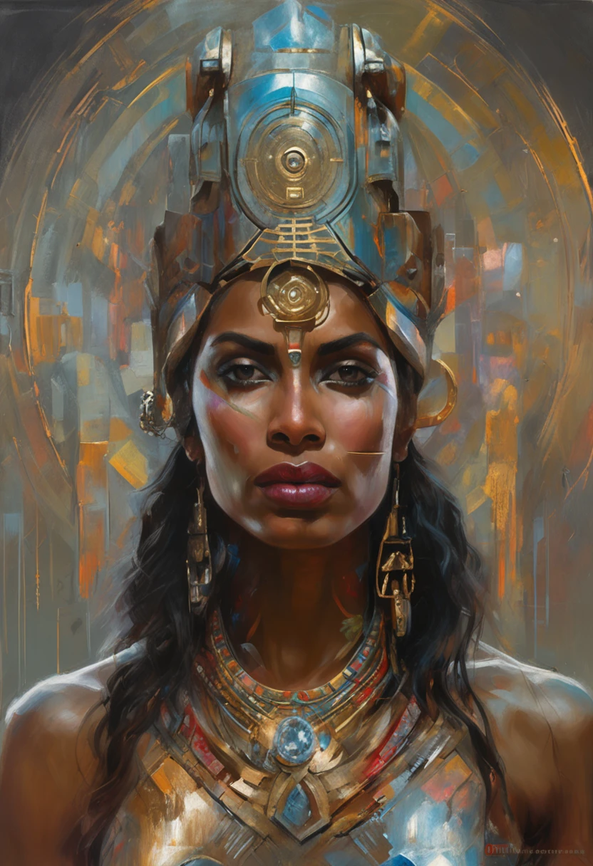 futuristic indigenous futurism,actress priyanka chopra as An advanced cybernetic cyborg indian Hindu goddesses of war, sensuality,artistic details,cyberpunk hindu mythology,epic sci-fi fantasy, centered,in the style of Nick Alm fantastical futuristic fantasy compositions, dark prism, dark, metallic compositions, symmetrical arrangements, iridescent metallic colors , distinctive noses, ethereal,blood splatter colorful, eye-catching metallic compositions, symmetrical geometry, distinctive noses, gothic references, with a bold lines and streaks of black,white,red, gold and silver, fantasy sci-fi art, a detailed painting, ,Alex Alemany merge Karol Bak