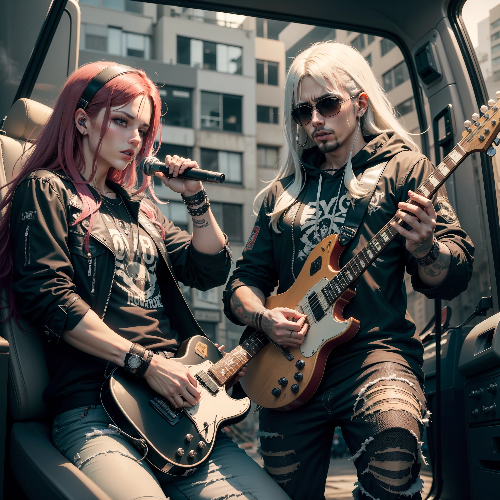 Heavy metal, rock, headbangers, city in destruction, guitarra, colete de rock, metaleiros tocando guitarra em cima de um carro, metaleiro fumando maconha