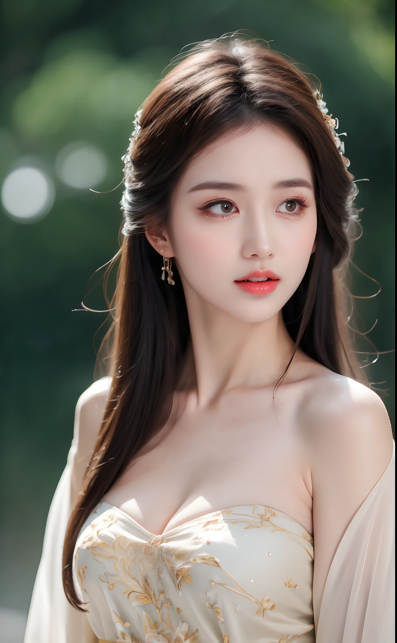 ((Best Quality, 8k, Masterpiece: 1.3)), Focus: 1.2, Perfect Body Beauty: 1.4, Buttocks: 1.2, ((Layered Haircut)), (Wet Clothes: 1.1), (Rain, Street:1.3), (Breasts: 1.2), (Hanfu: 1.2), Bare Shoulders, Bare Legs, Highly Detailed Face and Skin Texture, Fine Eyes, Double Eyelids, Whitened Skin, Long Hair, (Shut Up: 1.5), (Bokeh Background: 1.5), Big Breasts