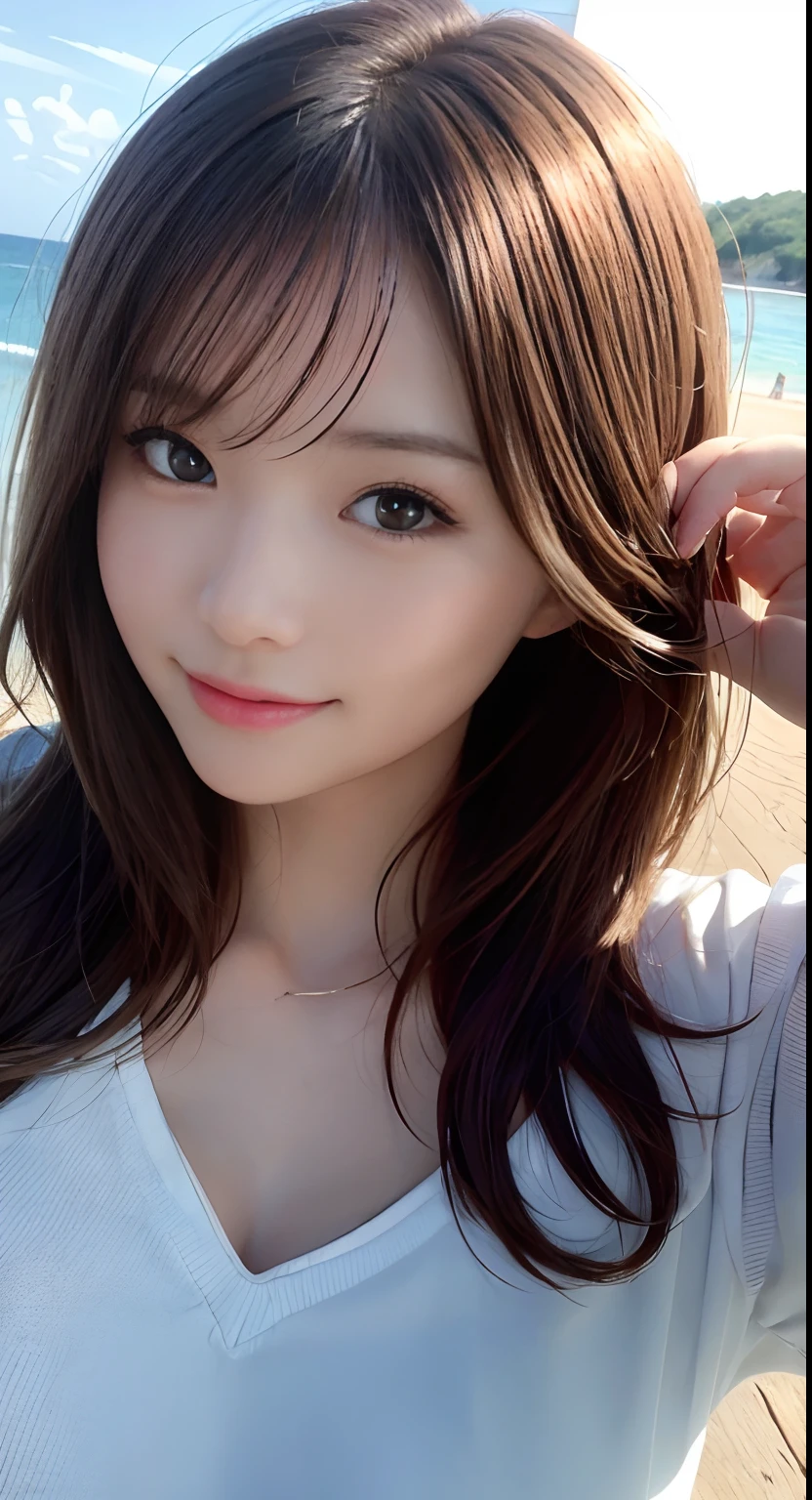 (Raw photography:1.2)、top-quality、Detailed beauty、Beautuful Women、The most beautiful women in the world、Beautiful sharp face、面長、21years old、A smile、Happy smile、light brown hair、fluffy and voluminous hair、extra detailed face、beatiful detailed eyes、eye line、Nasal nose、a small face、small tits、tiny chest、Natural sunlight、depth of fields、Blurry background、hight resolution、8k wallpaper、finely detail、Very detailed 8k wallpaper、电影灯光、sexy  pose、(photorealisim:1.4)、super detailing、​masterpiece、croptop、Small T-shirt、hotpants、shot from a side angle、Road by the sea、lean against the wall、