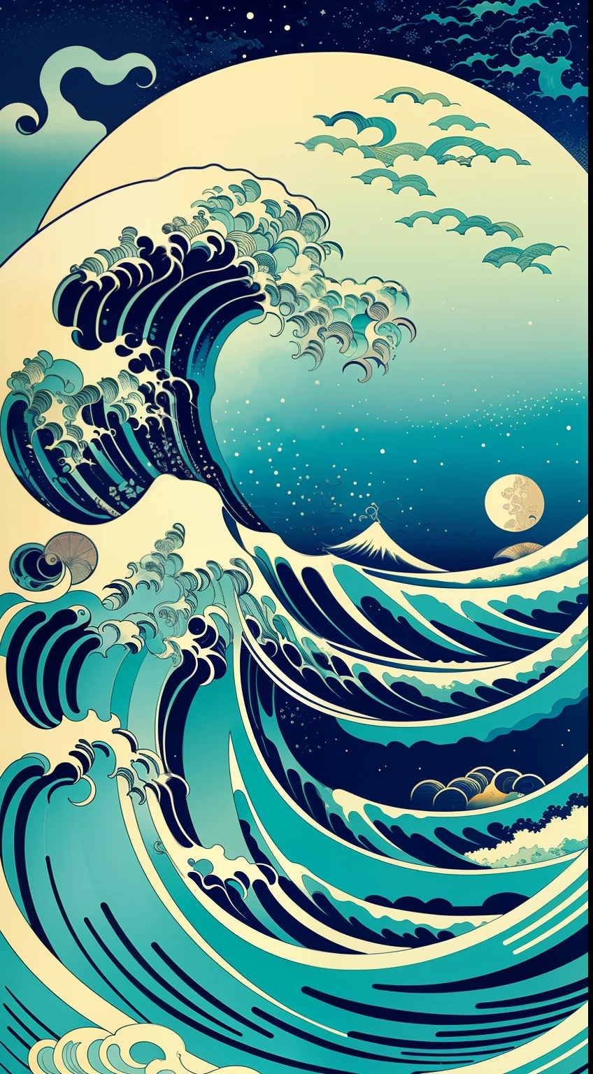 waves at night big moon, victo ngai style, botticelli and victo ngai, victo ngai! muted colors, inspired by Victo Ngai, victo ngai and tristan eaton, by Victo Ngai, james jean and victo ngai, ( ( victo ngai ) )