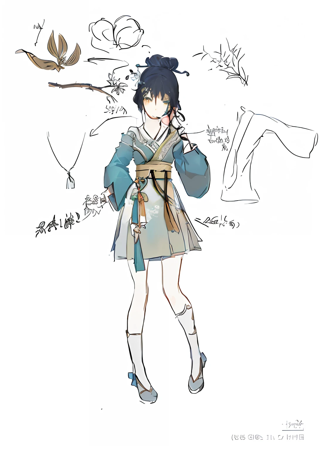clear outfit design,, clothing design, Anime character design, full body concept, detailed full-body concept, anime concept art, ( ( concept art of character ) ), anime character reference sheet, full-body xianxia, A glorious orchid hairpin with a bud on its head,The upper body is dressed in bamboo embroidered Hanfu, and the outer is covered with translucent yarn,She wears a gray-green horse face skirt underneath,Wearing a ring-shaped jade pendant around his neck
