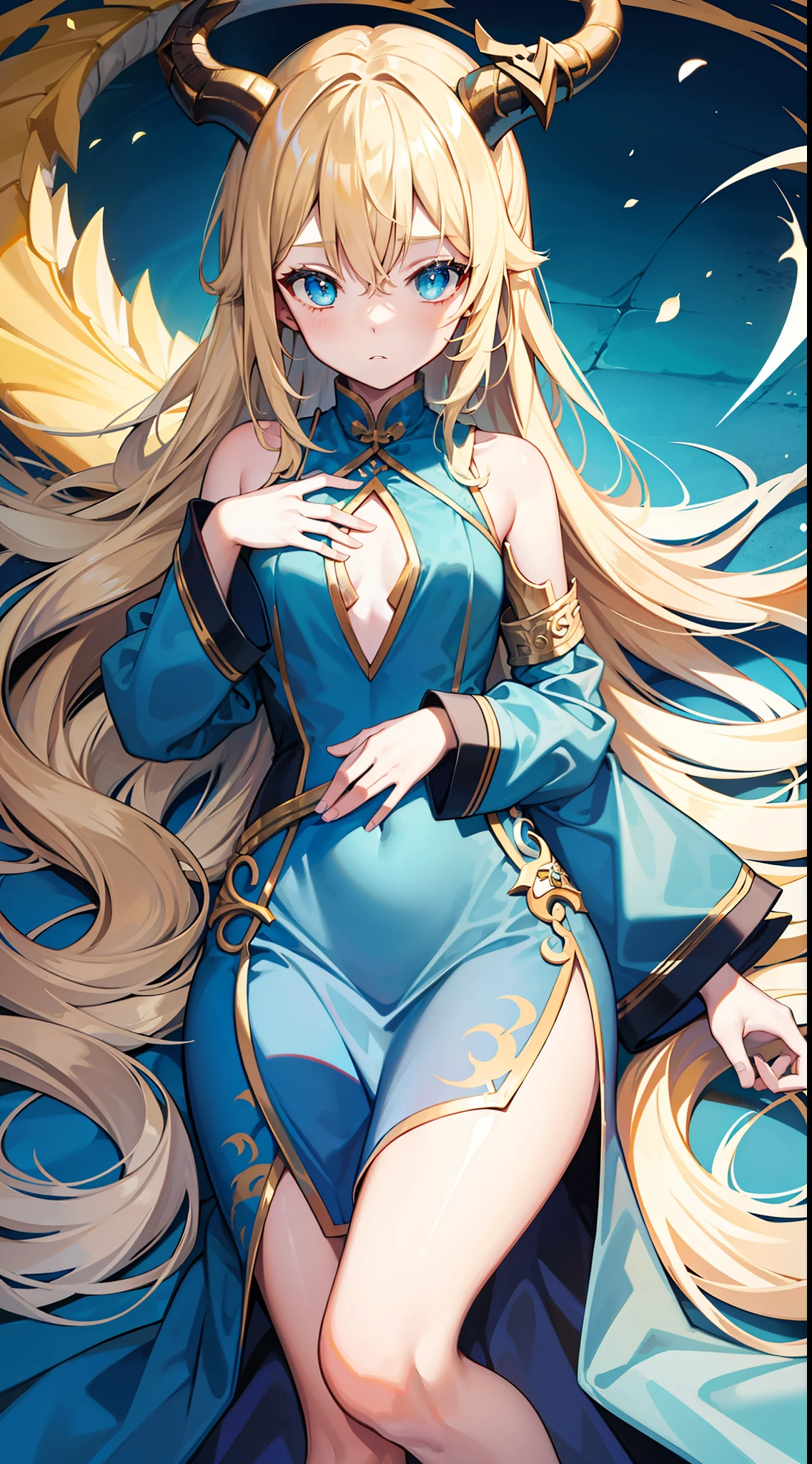 young girl, longue blonde hair, dragon horns, Cyan eyes, tight blue chinese dress, neckline on the chest, grudge, little chest, Masterpiece, hiquality