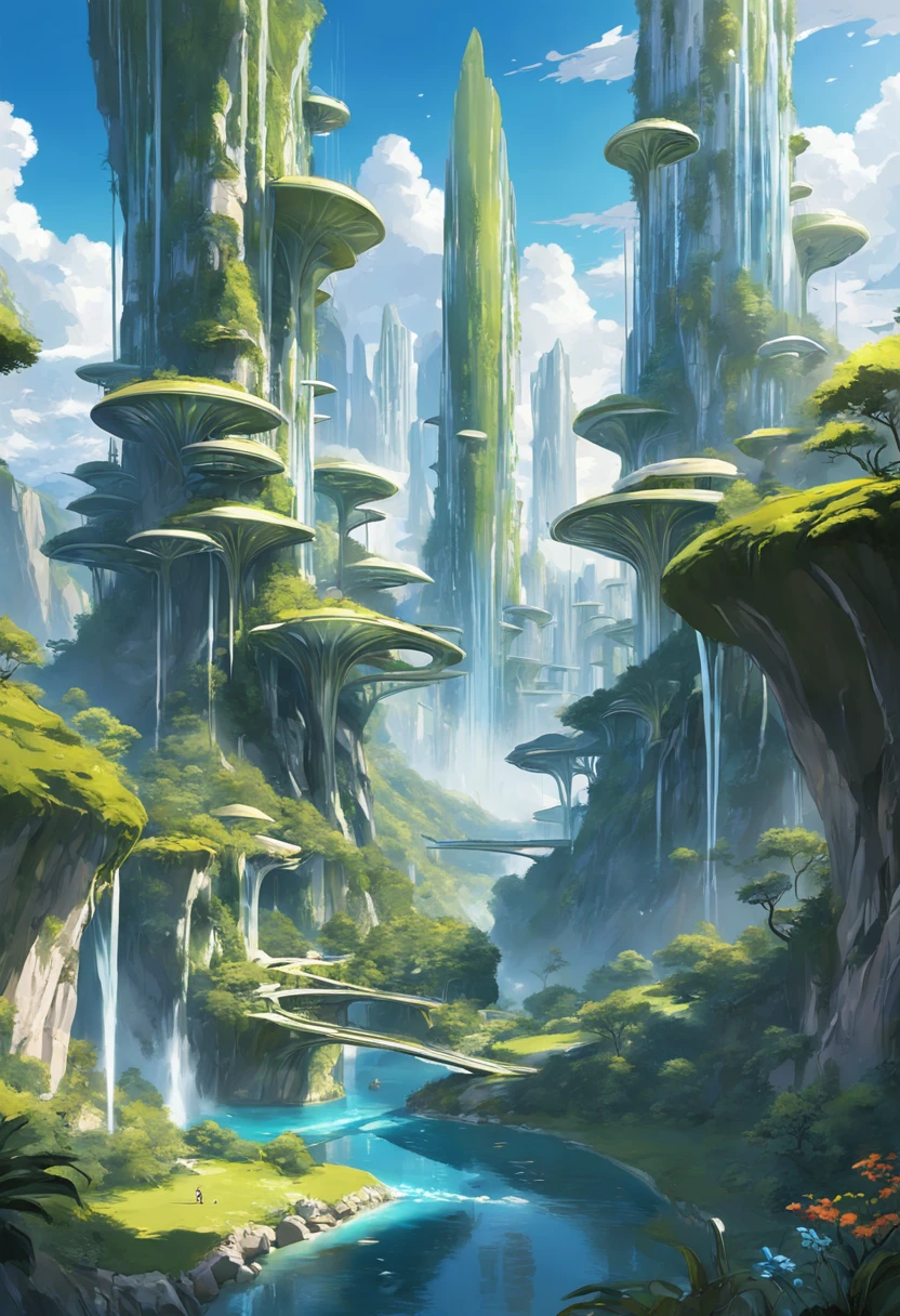 multicolor, surreal, masterpiece, countryside, Futuristic design of an awesome sunny day environment concept art on a futuristic forest terrain with huge waterfalls, streams, orchids, landscaped, aesthetics, nature architecture, proportional, detailed, blueprint, bright clouds, nature meets futuristic architecture by Santiago Calatrava and Vincent Callebaut with Wes Anderson village, residential area, futuristic development, high rise made up staircases, balconies, full of composite glass facades, residential spaces carved from cliff side ,trending on artstation, beautiful lighting,In the style of Andreas Achenbach and Norman Ackroyd masterpiece, fantasy, intricate, award winning, 4k, highest quality
