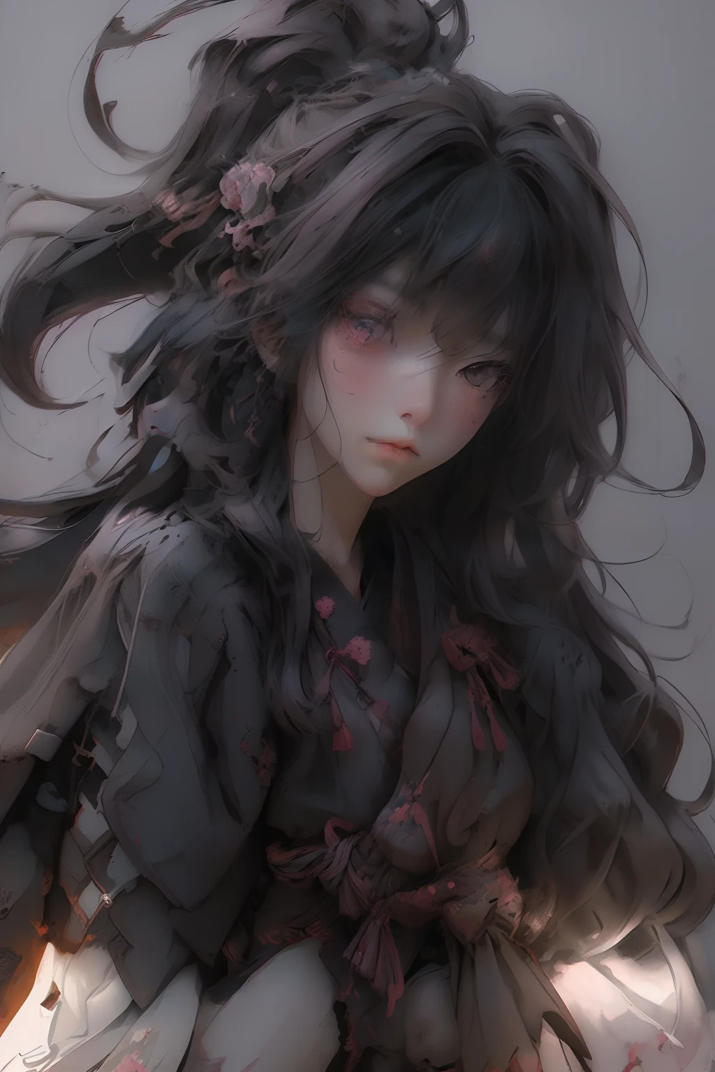 Best quality, masterpiece, ultra high resolution, anime style, illustration of intense action scene, cute Japanese high school girl with long black hair wielding katana sword, fighting against monsters, debris flying through air, dramatic lighting, high contrast composition, dynamic low angle, extremely detailed background, 8k, ng_deepnegative_v1_75t, badhandv4, (worst quality:2), (low quality:2), (normal quality:2), lowres, ((monochrome)), ((grayscale)), watermark, nsfw