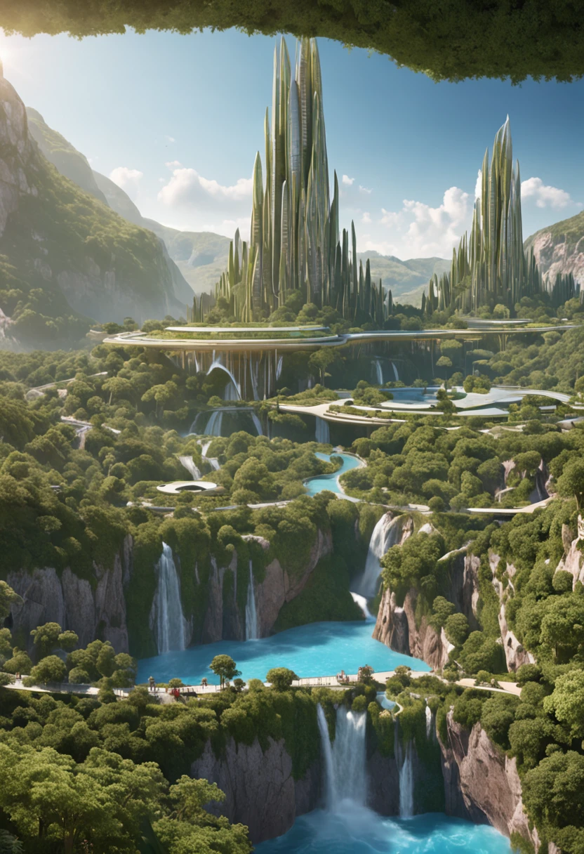 multicolor, surreal, masterpiece, countryside, Futuristic design of an awesome sunny day environment concept art on a futuristic forest terrain with huge waterfalls, streams, orchids, landscaped, aesthetics, nature architecture, proportional, detailed, blueprint, bright clouds, nature meets futuristic architecture by Santiago Calatrava and Vincent Callebaut with Wes Anderson village, residential area, futuristic development, high rise made up staircases, balconies, full of composite glass facades, residential spaces carved from cliff side ,trending on artstation, beautiful lighting,In the style of Andreas Achenbach and Norman Ackroyd masterpiece, fantasy, intricate, award winning, 4k, highest quality
