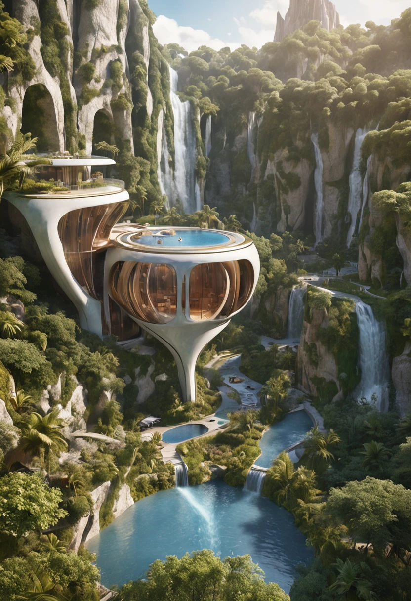 multicolor, surreal, masterpiece, countryside, Futuristic design of an awesome sunny day environment concept art on a futuristic forest terrain with huge waterfalls, streams, orchids, landscaped, aesthetics, nature architecture, proportional, detailed, blueprint, bright clouds, nature meets futuristic architecture by Santiago Calatrava and Vincent Callebaut with Wes Anderson village, residential area, futuristic development, high rise made up staircases, balconies, full of composite glass facades, residential spaces carved from cliff side ,trending on artstation, beautiful lighting,In the style of Andreas Achenbach and Norman Ackroyd masterpiece, fantasy, intricate, award winning, 4k, highest quality