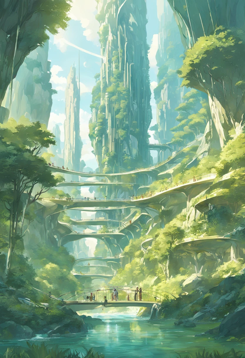 multicolor, surreal, masterpiece, countryside, Futuristic design of an awesome sunny day environment concept art on a futuristic forest terrain with huge waterfalls, streams, orchids, landscaped, aesthetics, nature architecture, proportional, detailed, blueprint, bright clouds, nature meets futuristic architecture by Santiago Calatrava and Vincent Callebaut with Wes Anderson village, residential area, futuristic development, high rise made up staircases, balconies, full of composite glass facades, residential spaces carved from cliff side ,trending on artstation, beautiful lighting,In the style of Andreas Achenbach and Norman Ackroyd masterpiece, fantasy, intricate, award winning, 4k, highest quality