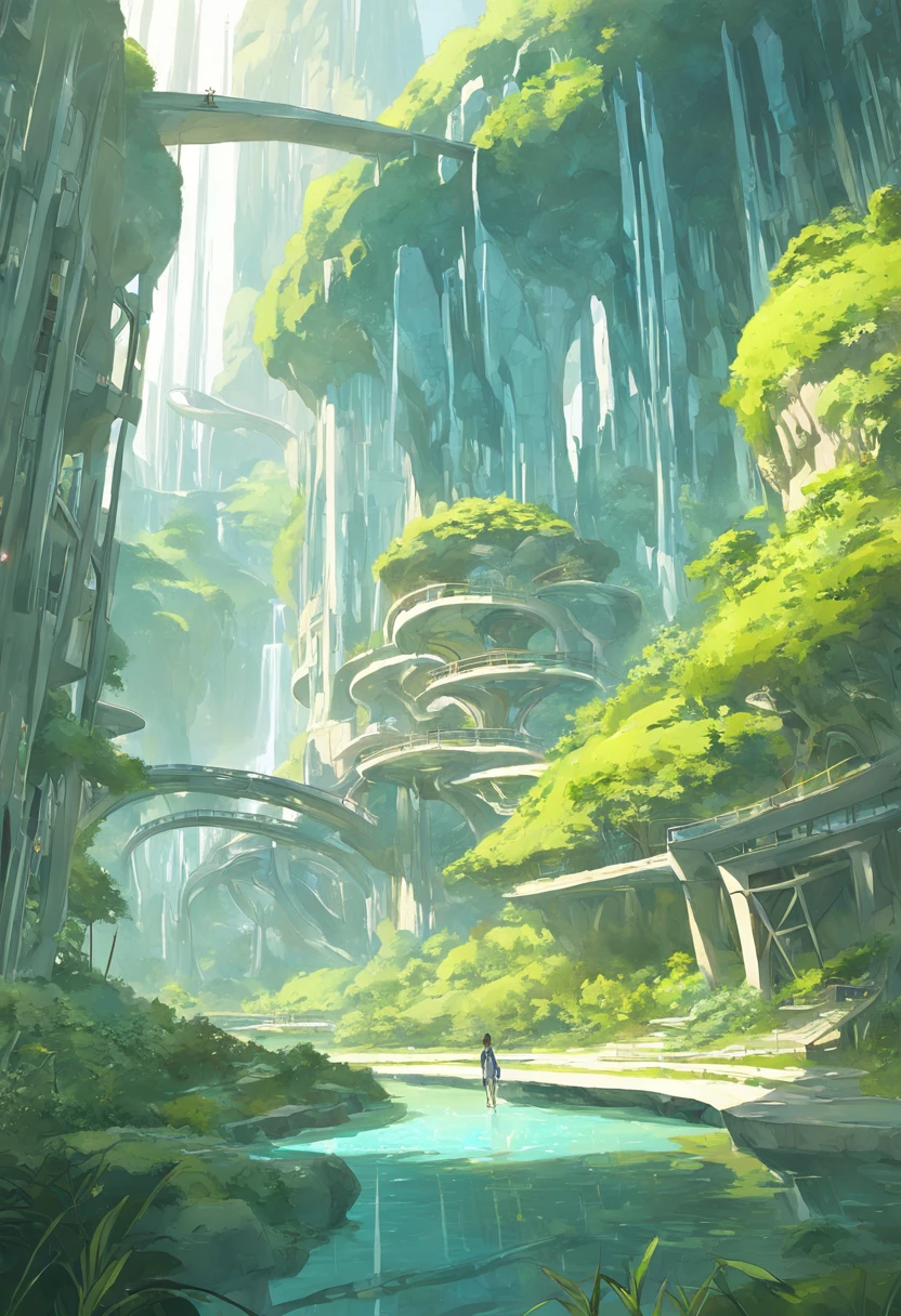 multicolor, surreal, masterpiece, countryside, Futuristic design of an awesome sunny day environment concept art on a futuristic forest terrain with huge waterfalls, streams, orchids, landscaped, aesthetics, nature architecture, proportional, detailed, blueprint, bright clouds, nature meets futuristic architecture by Santiago Calatrava and Vincent Callebaut with Wes Anderson village, residential area, futuristic development, high rise made up staircases, balconies, full of composite glass facades, residential spaces carved from cliff side ,trending on artstation, beautiful lighting,In the style of Andreas Achenbach and Norman Ackroyd masterpiece, fantasy, intricate, award winning, 4k, highest quality