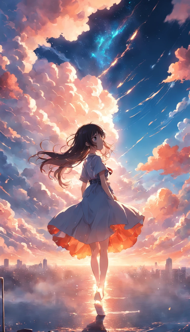 tmasterpiece!Best Picture Quality!cinematic Film still from!Cloud girl floating in the sky,Close-up Shot Shot,Bright and happy,Enjoy the warm soft lighting,Depict the beauty of the sunset,And the embellishment of sparks。