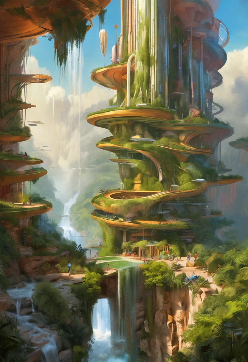 multicolor, surreal, masterpiece, countryside, Futuristic design of an awesome sunny day environment concept art on a futuristic forest terrain with huge waterfalls, streams, orchids, landscaped, aesthetics, nature architecture, proportional, detailed, blueprint, bright clouds, nature meets futuristic architecture by Santiago Calatrava and Vincent Callebaut with Wes Anderson village, residential area, futuristic development, high rise made up staircases, balconies, full of composite glass facades, residential spaces carved from cliff side ,trending on artstation, beautiful lighting,In the style of Andreas Achenbach and Norman Ackroyd masterpiece, fantasy, intricate, award winning, 4k, highest quality