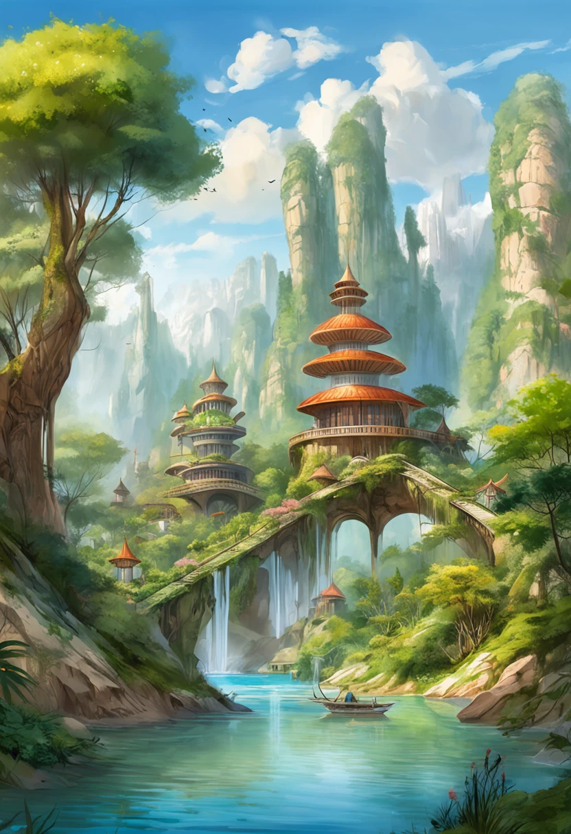 multicolor, surreal, masterpiece, countryside, Futuristic design of an awesome sunny day environment concept art on a futuristic forest terrain with huge waterfalls, streams, orchids, landscaped, aesthetics, nature architecture, proportional, detailed, blueprint, bright clouds, nature meets futuristic architecture by Santiago Calatrava and Vincent Callebaut with Wes Anderson village, residential area, futuristic development, high rise made up staircases, balconies, full of composite glass facades, residential spaces carved from cliff side ,trending on artstation, beautiful lighting,In the style of Andreas Achenbach and Norman Ackroyd masterpiece, fantasy, intricate, award winning, 4k, highest quality