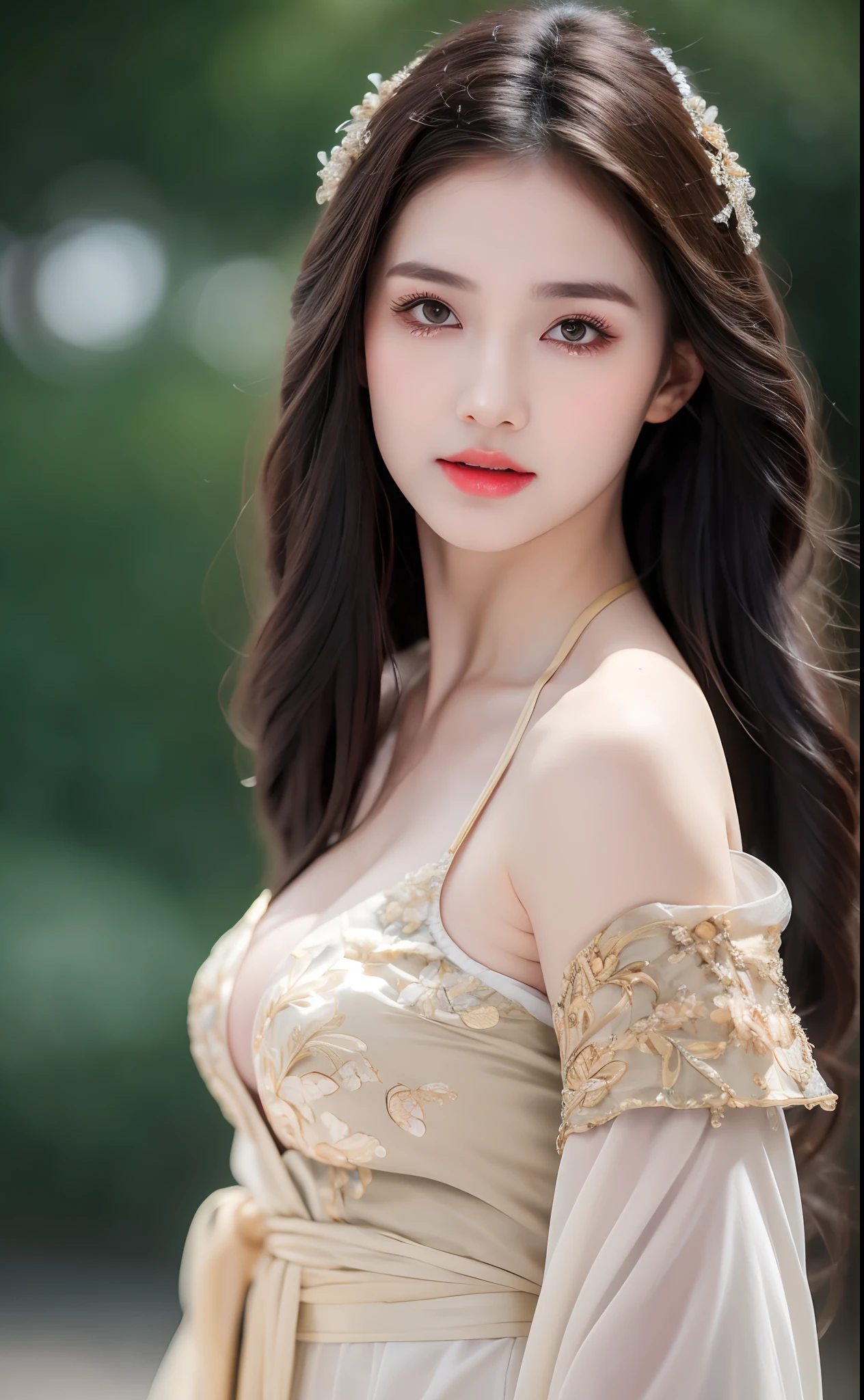 ((Best Quality, 8k, Masterpiece: 1.3)), Focus: 1.2, Perfect Body Beauty: 1.4, Buttocks: 1.2, ((Layered Haircut)), (Wet Clothes: 1.1), (Rain, Street:1.3), (Breasts: 1.2), (Hanfu: 1.2), Bare Shoulders, Bare Legs, Highly Detailed Face and Skin Texture, Fine Eyes, Double Eyelids, Whitened Skin, Long Hair, (Shut Up: 1.5), (Bokeh Background: 1.5), Big Breasts
