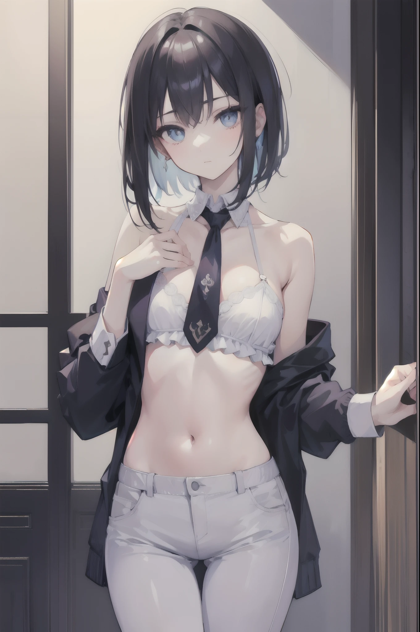 ((Masterpiece)),(hires),(Best quality),1girll,(Beautiful detailed eyes),Tie your chest,flatchest,Skinny,short detailed hair,hot pant,