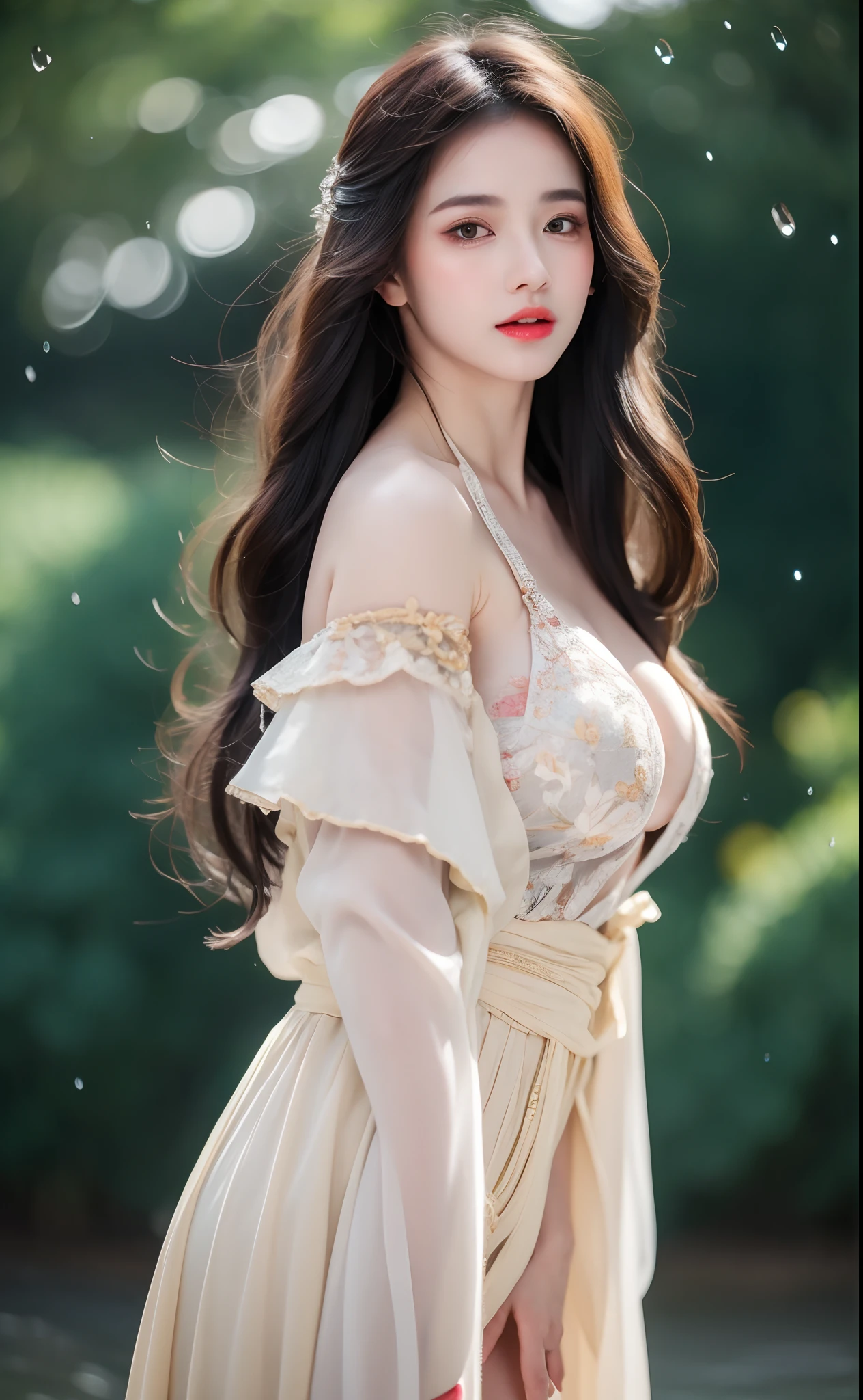 ((Best Quality, 8k, Masterpiece: 1.3)), Focus: 1.2, Perfect Body Beauty: 1.4, Buttocks: 1.2, ((Layered Haircut)), (Wet Clothes: 1.1), (Rain, Street:1.3), (Breasts: 1.2), (Hanfu: 1.2), Bare Shoulders, Bare Legs, Highly Detailed Face and Skin Texture, Fine Eyes, Double Eyelids, Whitened Skin, Long Hair, (Shut Up: 1.5), (Bokeh Background: 1.5), Big Breasts