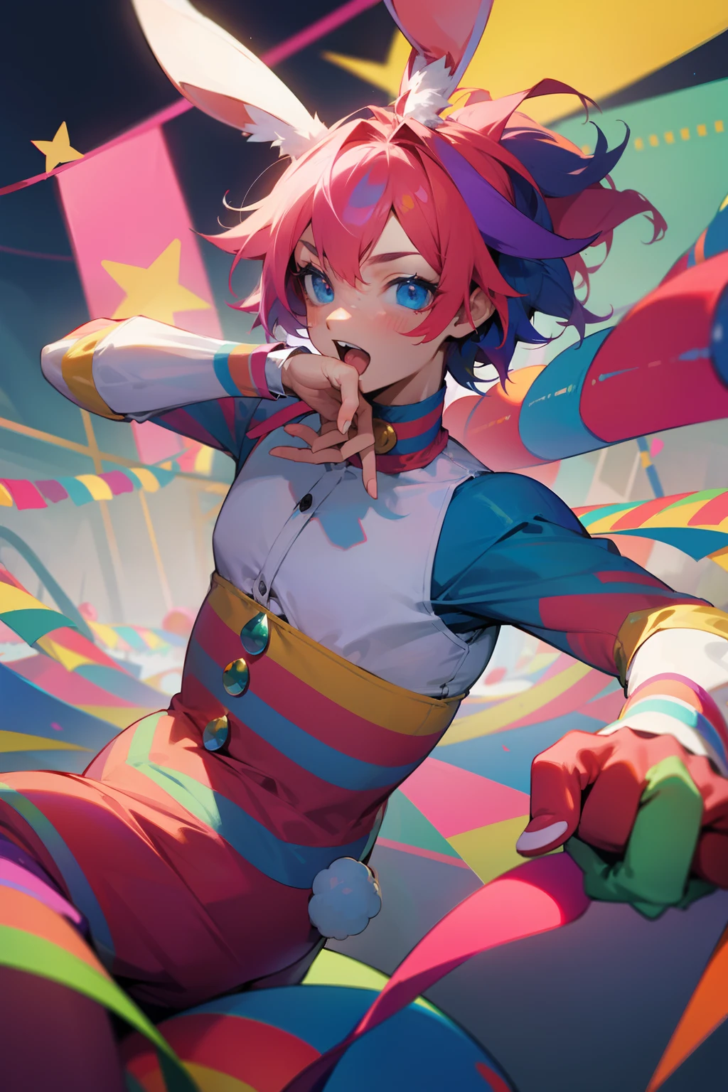 Colorful boy with rabbit ears playing circus