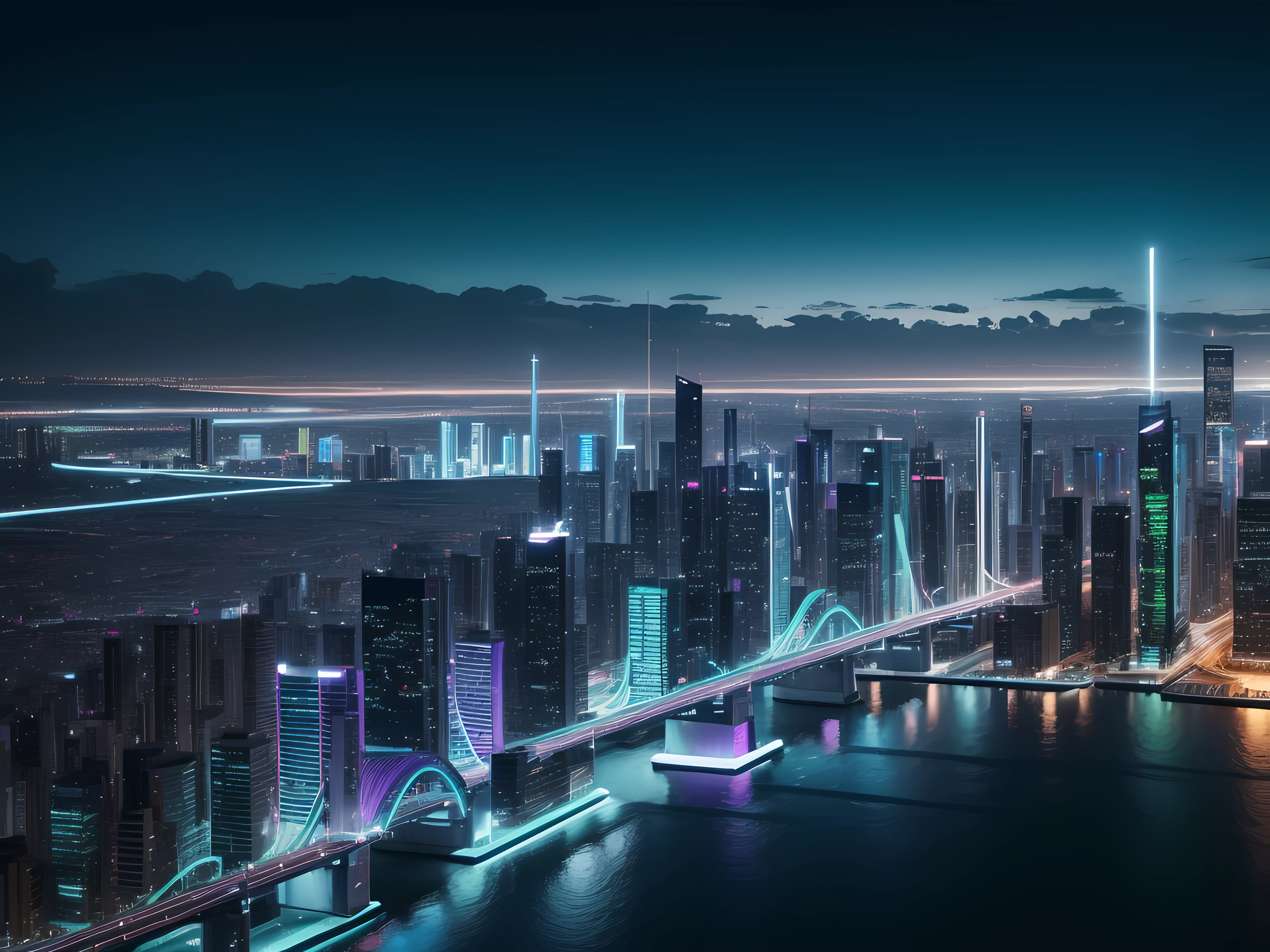 Images of a modern and technological city, con personas interactuando con dispositivos inteligentes. Hiperrealista, 8 K, en tonos azules, anaranjados, verdes, violetas.