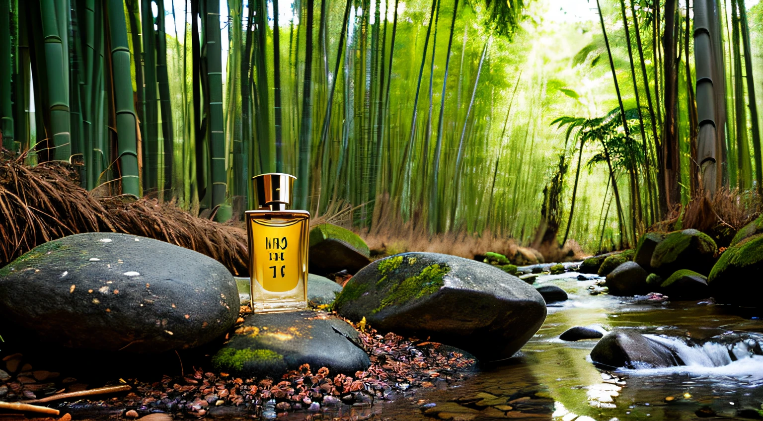 A bottle of perfume stands on a stone,Stones in the middle of the stream,Surrounded by bamboo forests