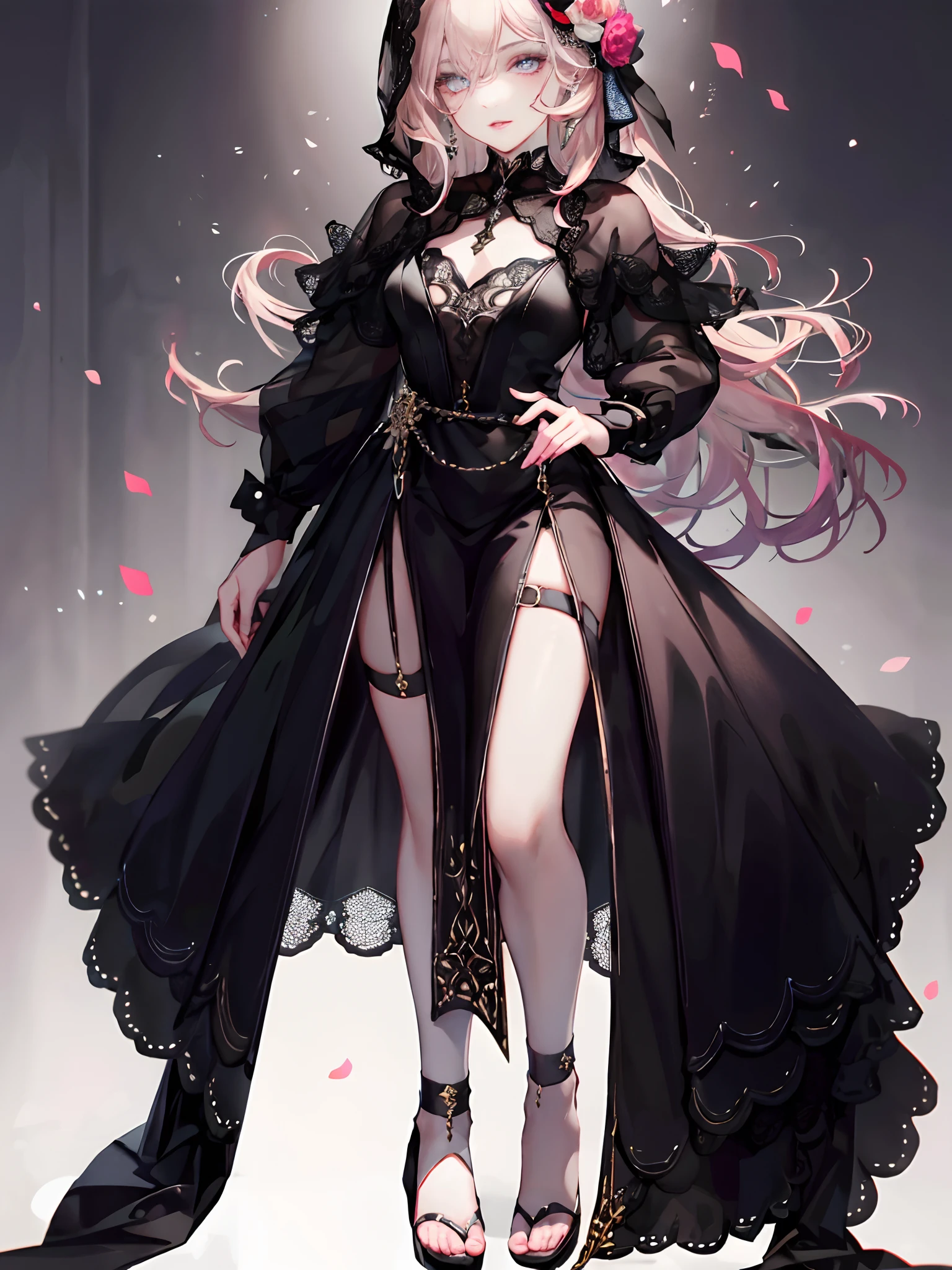 (complete face:2.0),meticulous portrayal of face,1 noblewoman,a matural female,Black dress long dress,(Black stockings beautiful legs+),heeled sandals,Black stocking feet,Pink White Long Hair,Prom background, Perfect body, s the perfect face, perfect hand, Perfect Finger, Perfect lips, perfect eyes, Perfect background