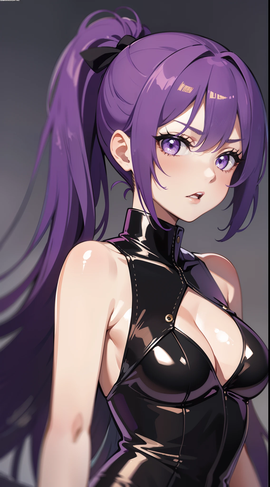 young girl, Long hair, high ponytail, violet eyes, Rich latex sleeveless dress, open breasts, anger, Masterpiece, hiquality,shy,princess
