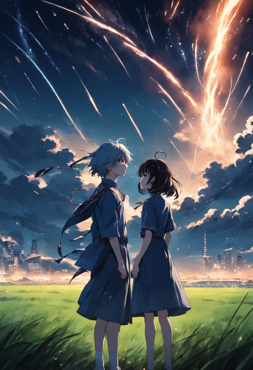 On a large grassy field, men and women in school uniforms stood staggered, the two looked at each other, dark sky meteors streaked across to illuminate the entire sky, wind-blown hair flew everywhere, two-dimensional, Xinghai City style, Japanese style, cinematic sense