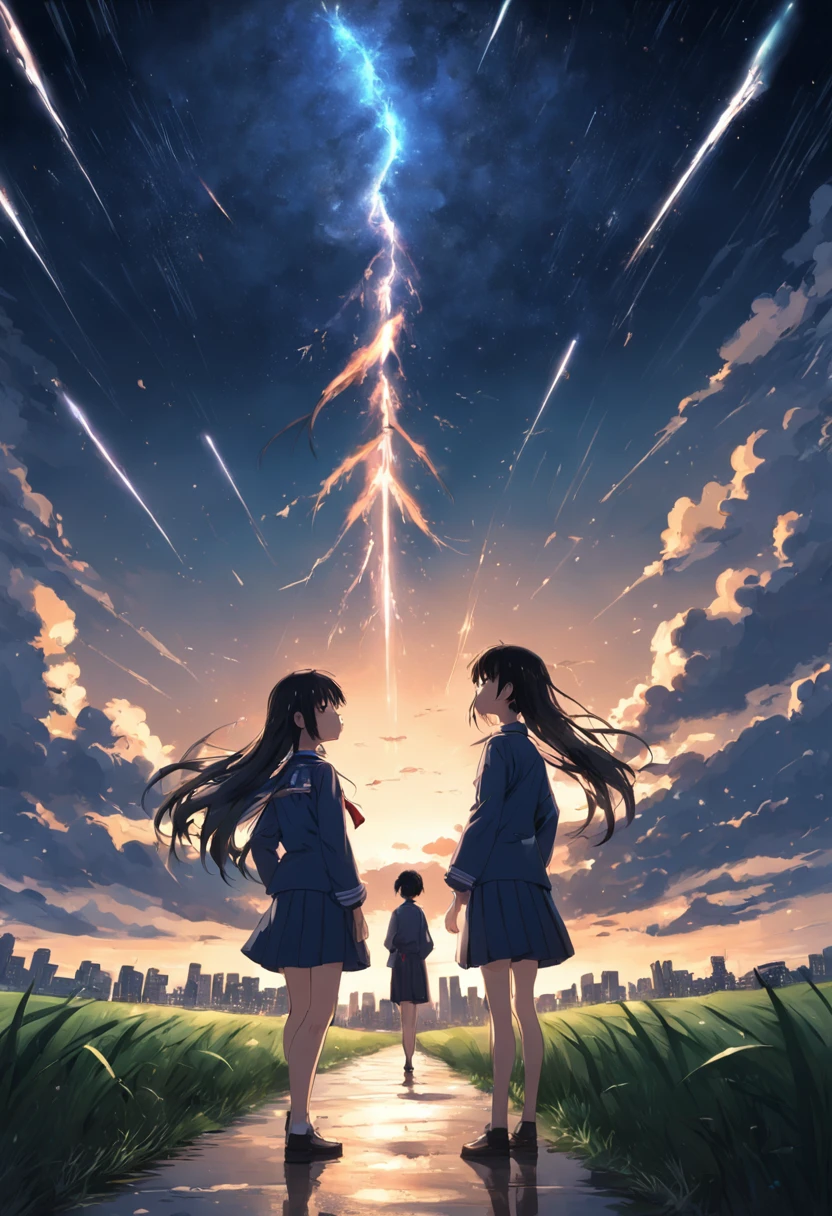 On a large grassy field, men and women in school uniforms stood staggered, the two looked at each other, dark sky meteors streaked across to illuminate the entire sky, wind-blown hair flew everywhere, two-dimensional, Xinghai City style, Japanese style, cinematic sense