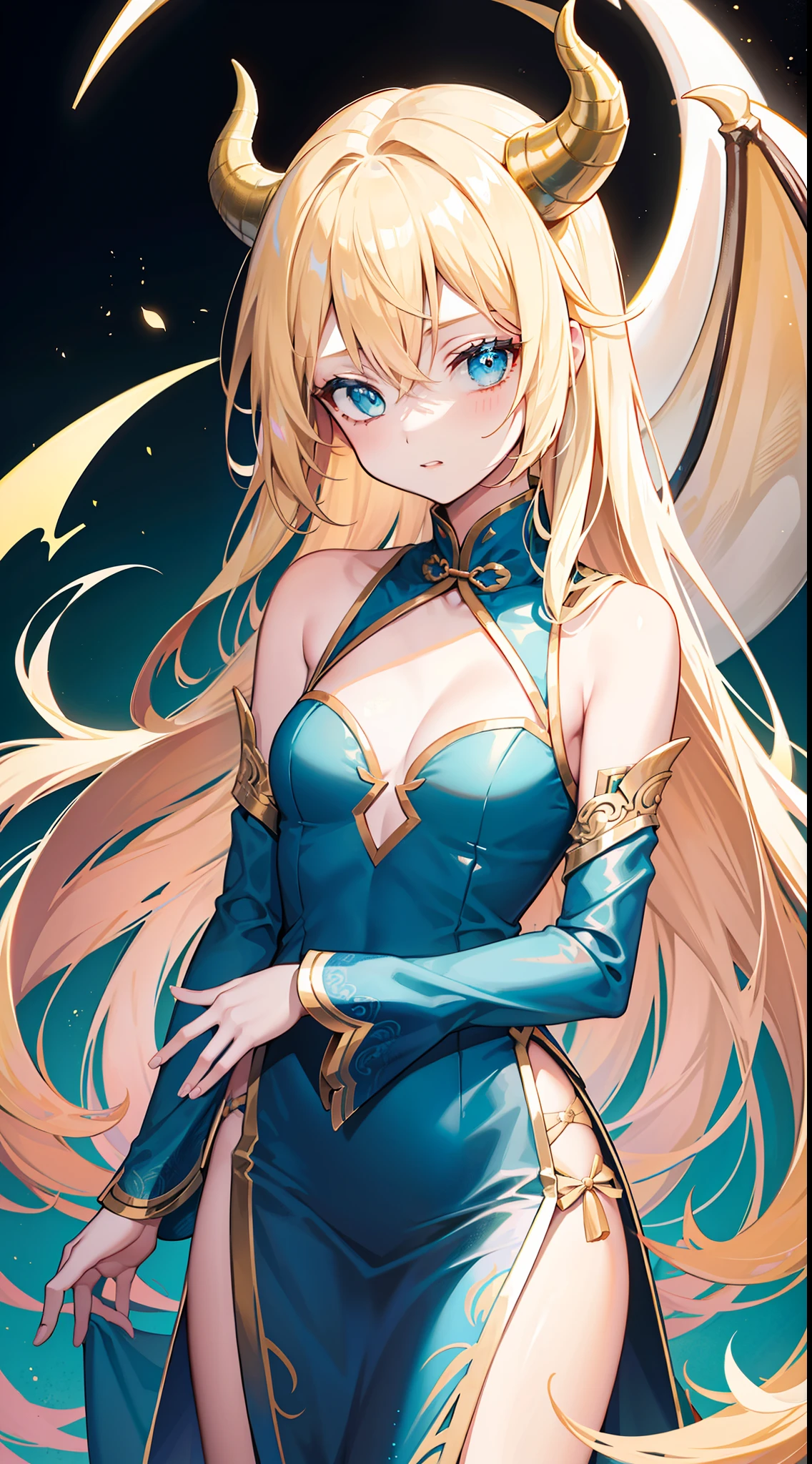 young girl, longue blonde hair, dragon horns, Cyan eyes, tight blue chinese dress, neckline on the chest, grudge, little chest, Masterpiece, hiquality
