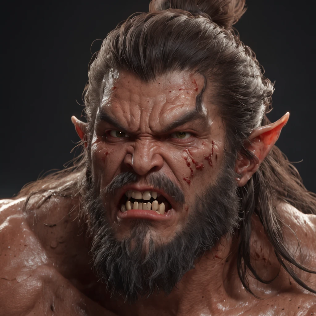 (professional 3d render:1.3) af (Realistic:1.3) most beautiful artwork photo in the world，Wukong, ((Epic hero fantasy muscle man rough wet hero angry look long hair short beard and ferocious expression in dynamic pose, Fantastic location, Majestic cluttered environment)), full body 8k unity render, action  shot, skin pore, very dark lighting, heavyshading, Detailed, Detailed face, (vibrant, photograph realistic, Realistic, Dramatic, Dark, Sharp focus, 8K), (Old leather garments damaged by weathering:1.4), ((((Wear fur)))), (Intricate:1.4), decadent, (Highly detailed:1.4), Digital painting, rendering by octane, art  stations, concept-art, smooth, Sharp focus, illustration, Art germ, (loish:0.23), wlop ilya kuvshinov, and greg rutkowski and alphonse mucha gracias, (Global illumination, Studio light, volumettic light), heavy rain, particles floating, lotr, fantasy, elf, full bodyesbian, ((Dark and ancient city background:1.3)),CGSesociety,art  stations