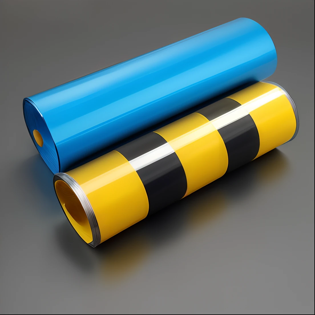 Design a plastic packaging for laminated aluminum foil, Ultra realista, cor preto, azul e amarelo. Use packaging from around the world in the same category as a reference. Embalagem em rolo, acrylic, 2D, marca Biopol, roll of aluminum foil, embalagem de rolo, technological design.