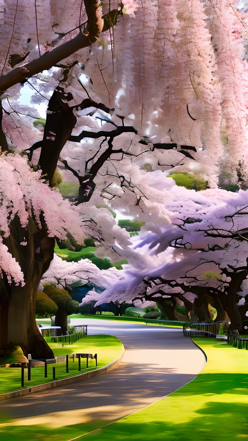 mdjrny-pprct, japanese architecture, Sakura, wisteria, flower garden, mountains and rivers, Clouds (high detial: 1.2)、evening glow