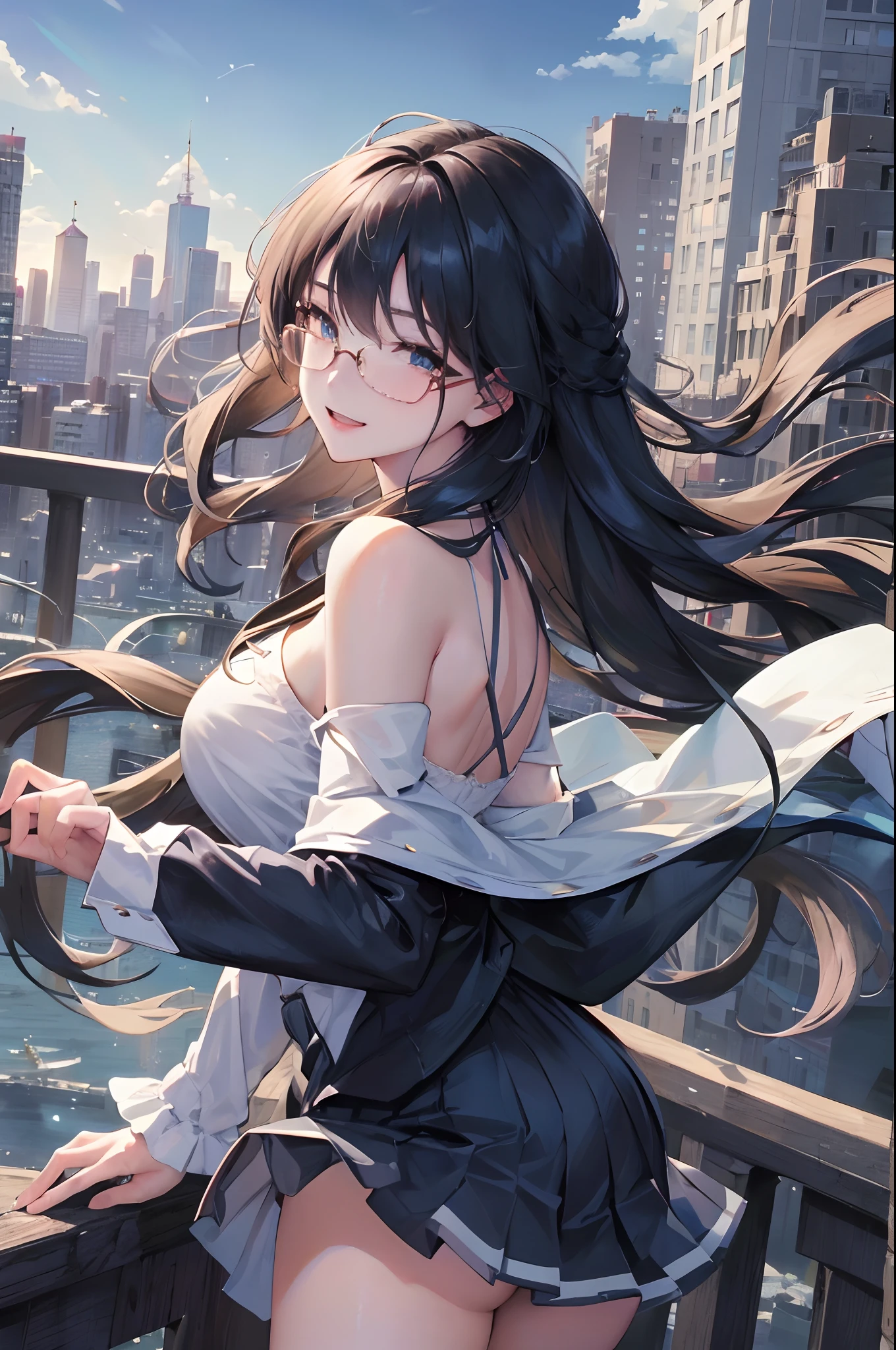 Official fine art,tmasterpiece,Sharp focus,(Beautiful gorgeous lovely Korean women:1.3),(beautiful lovely Korean people:1.3),South Korean beauties,Delicate and beautiful hair and eyes and face,realisticlying,ultra - detailed,a beauty girl,blue-sky,Glowing white particles,(sidelighting:1.2),rays of sunshine,baiyun,Detailed clouds,Slender,Cute big breasts and big buttocks,Toothy laughter,((Laugh and open your eyes)),scenecy,Long straight hair, sexy facial expression, buliding, (cityscape:1.7), Dynamic hair, Long straight hair, Delicate black hair, glow blue eyes, (Navy blue pleated shirt+Klein blue dress), black long socks, paleskin, hair adornments, epic landscapes, circle glasses,A subtle smile,Handheld glasses,Close-up