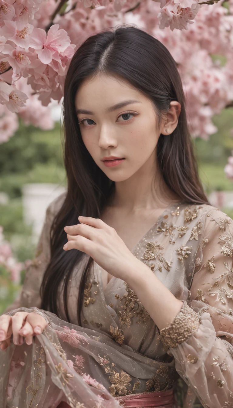 teens girl,Floral dress,Side view,outside,with blue sky and white clouds,photorealestic,extremely happy,Bouquet in hand,high-definition picture quality,summer flowers,morningglow,Works of masters,Master of photography,8k wallpaper,depth of fields,32K(tmasterpiece,k hd,hyper HD,32K)Long flowing black hair,ponds,zydink, a color, Xuzhou people (seductiv), (Transparent tulle), Mahjong gestures, looking at the ground, Maruko long hair, Floating hair, Carp pattern headdress, Chinese long-sleeved gold silk armor, (Abstract gouache splash:1.2), Pink petal background,Pink and white lotus flowers fly(realisticlying:1.4),Black color hair,Fallen leaves flutter,The background is pure, A high resolution, the detail, RAW photogr, Sharp Re, Nikon D850 Film Stock Photo by Jefferies Lee 4 Kodak Portra 400 Camera F1.6 shots, Rich colors, ultra-realistic vivid textures, Dramatic lighting, Unreal Engine Art Station Trend, cinestir 800,Long flowing black hair,see-through transparent clothes